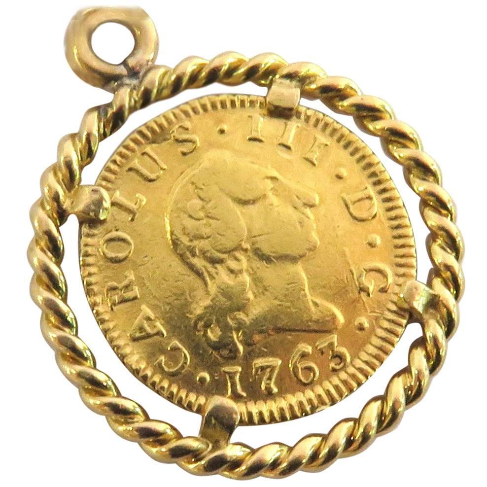 Framed Gold Coin Pendant Charm Dated 1763 For Sale