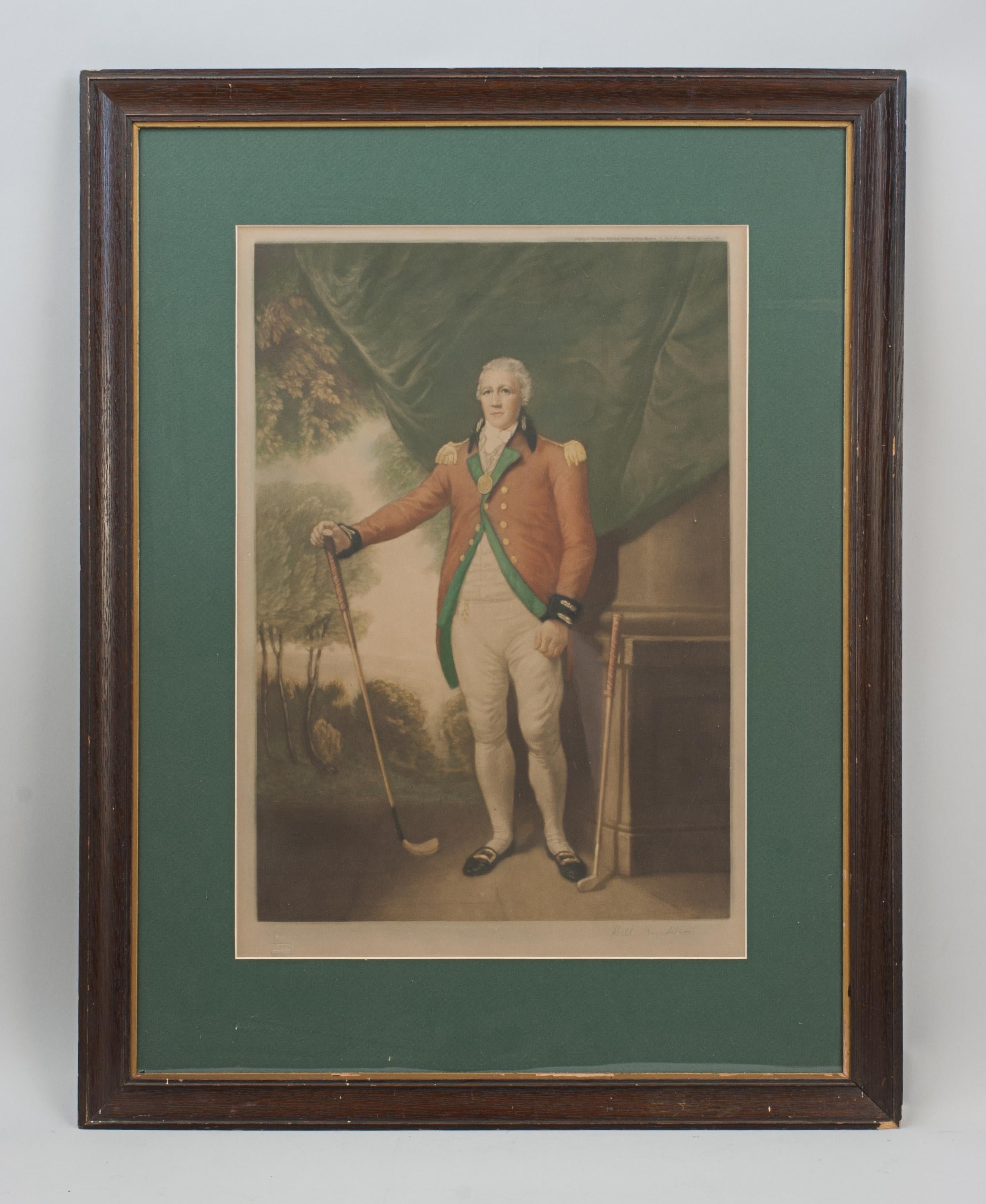 Golf Picture, Henry Callender ESQ.
Framed golf mezzotint of 'Henry Callender Esq' (Captain of the society of Golfers at Blackheath) after a painting by Lemuel Francis Abbott (1760 - 1803). The colourful print signed in pencil by the engraver Will