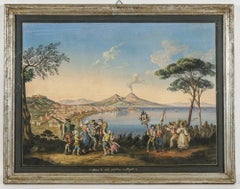 Gouache incorniciata della Baia di Napoli firmata Improta, circa 1903
