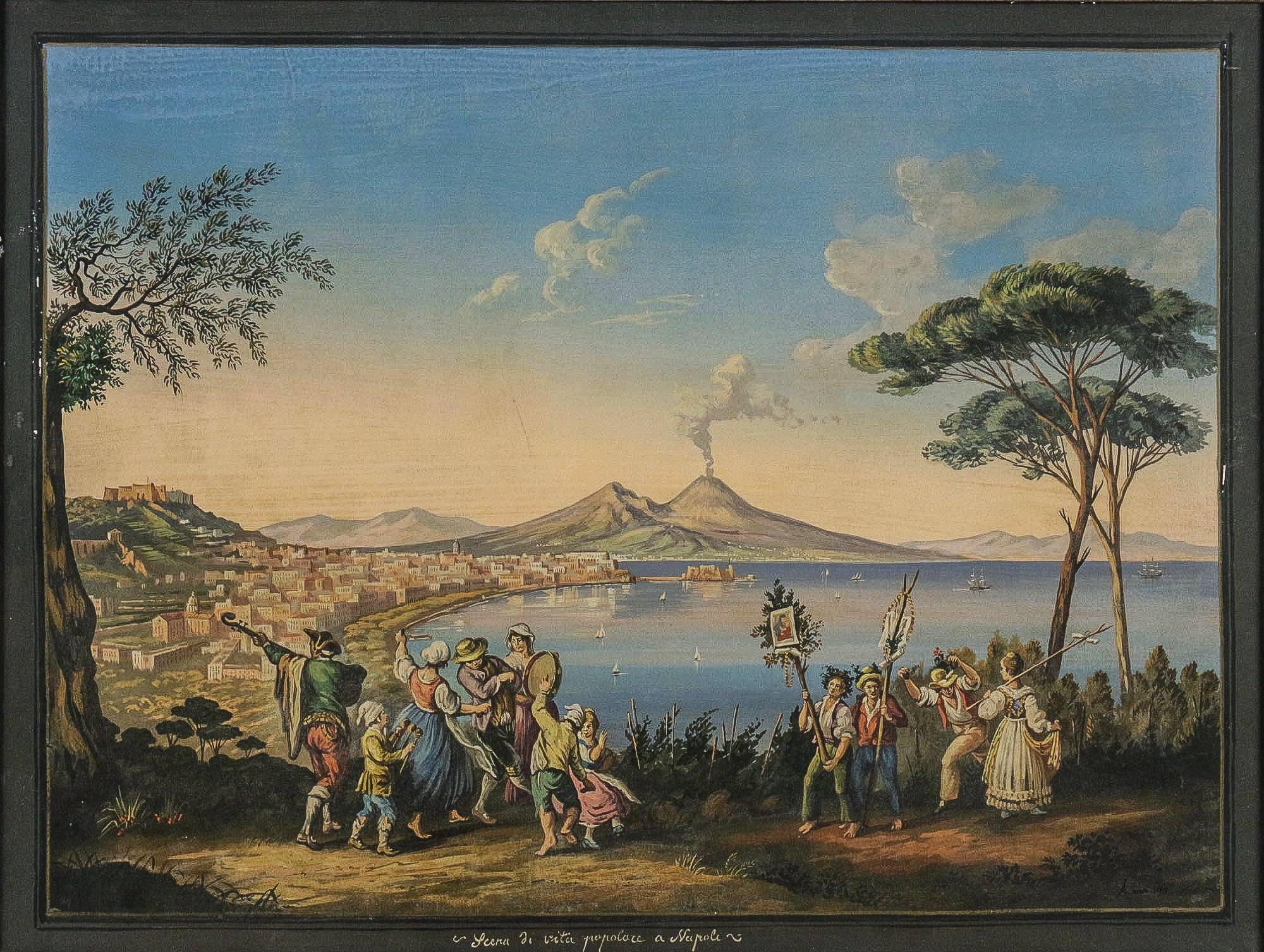 Italian Framed Gouache of the Bay of Naples Signed a Improta, circa 1903 For Sale