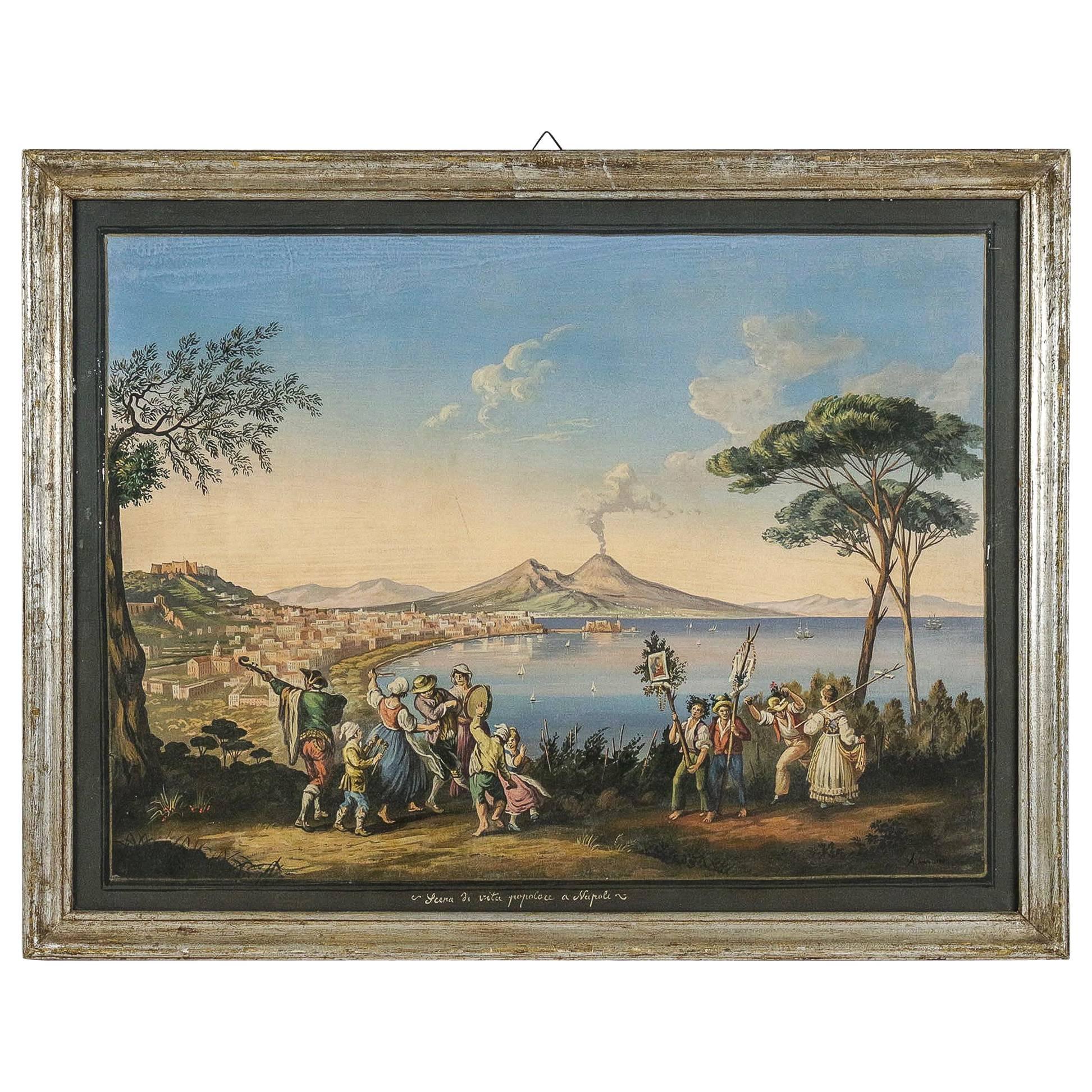 Framed Gouache of the Bay of Naples Signed a Improta, circa 1903 For Sale