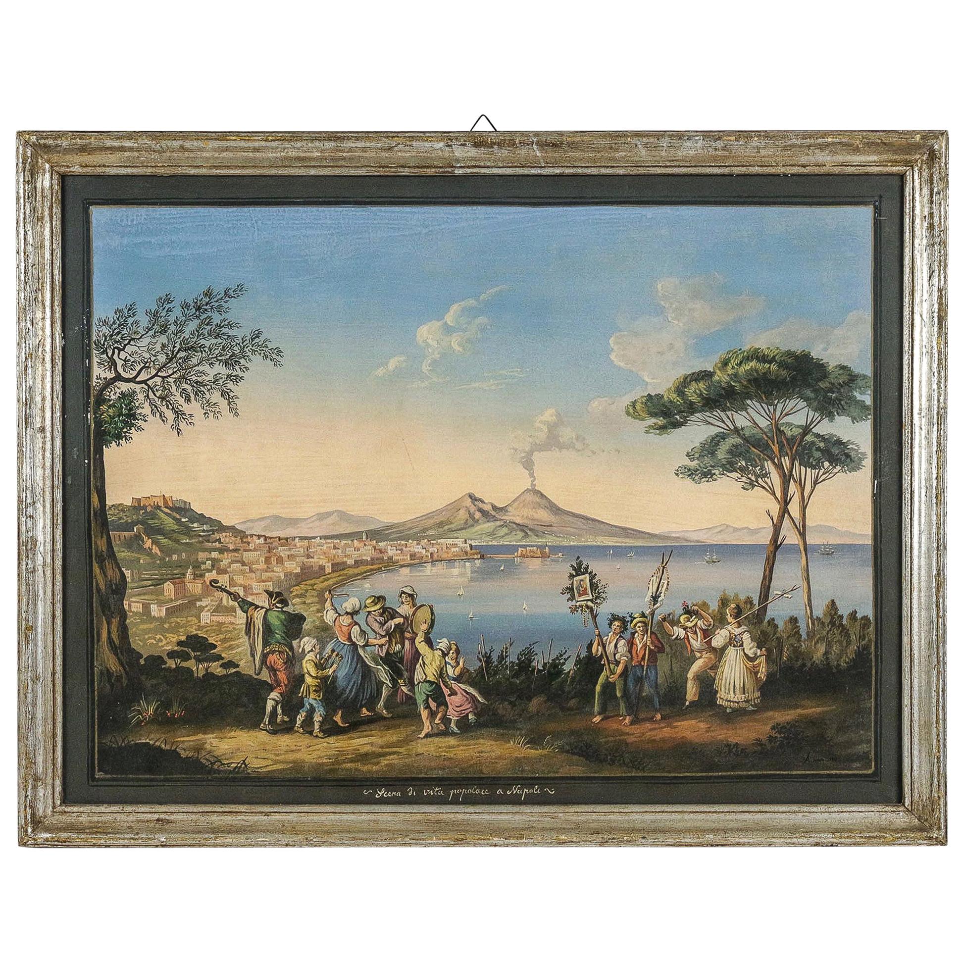 Framed Gouache of the Bay of Naples Signed a Improta, circa 1903 For Sale
