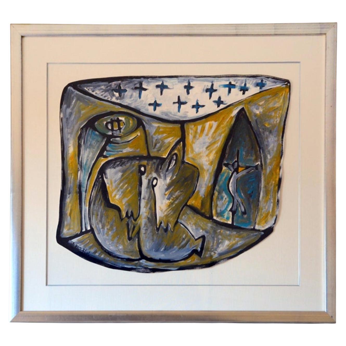 Framed Gouache on Paper Drawing by Jean-Jacques Blot