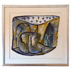 Vintage Framed Gouache on Paper Drawing by Jean-Jacques Blot