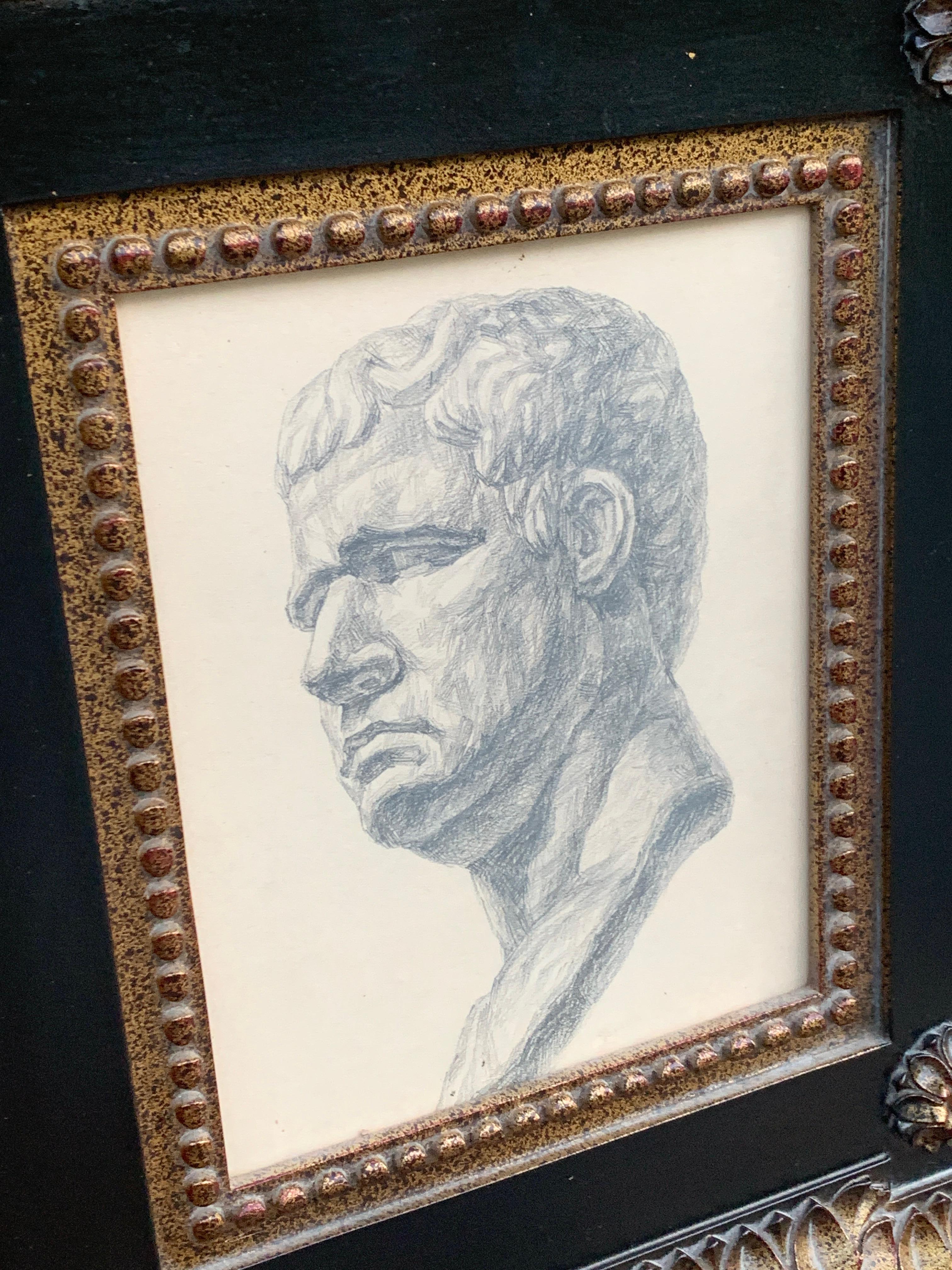 Disegno Grand Tour incorniciato di un busto romano maschile in vendita 4