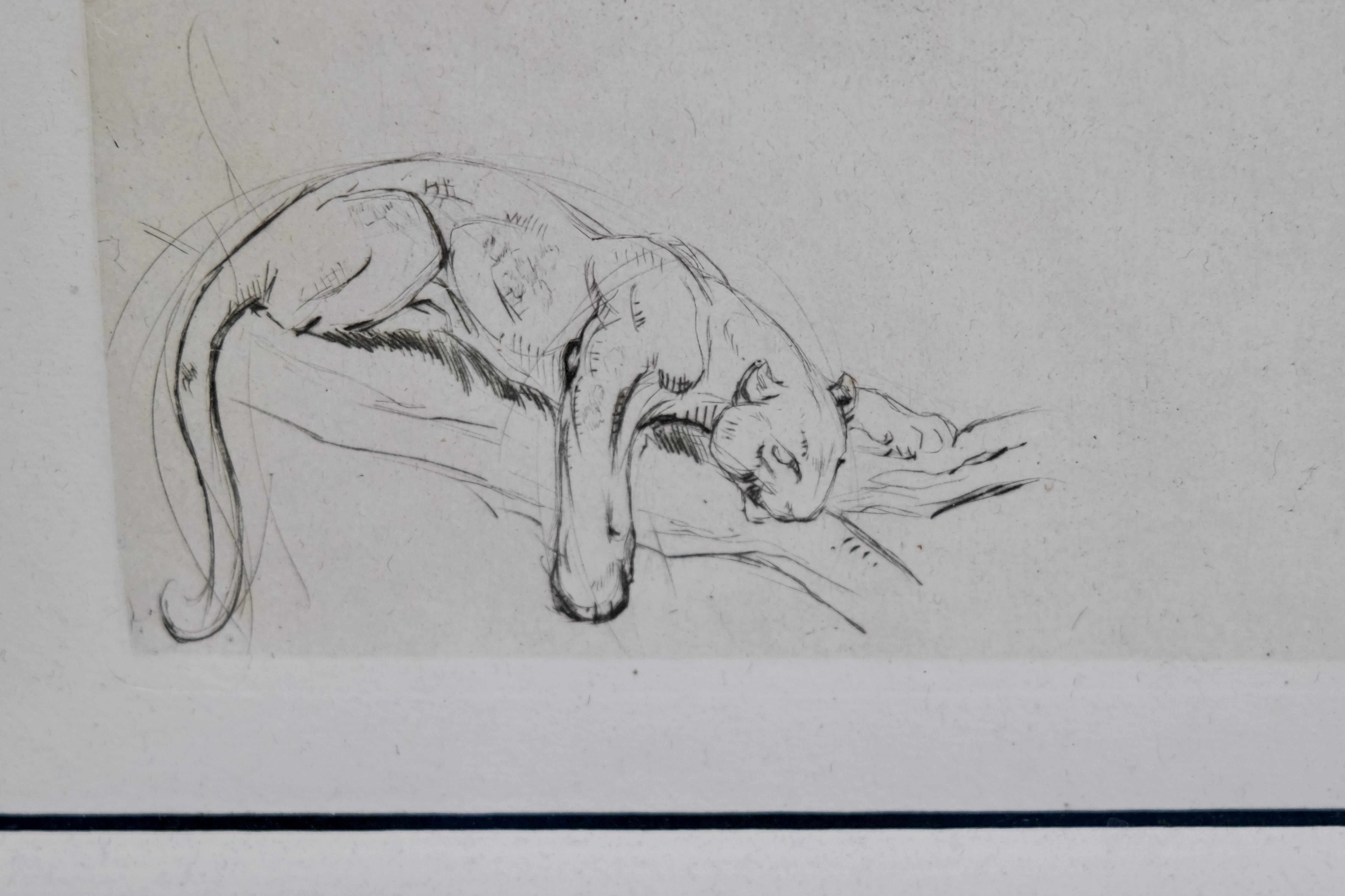Mid-Century Modern Gravure et pointe sèche d'une panthère noire en train de peindre par Odette Denis en vente