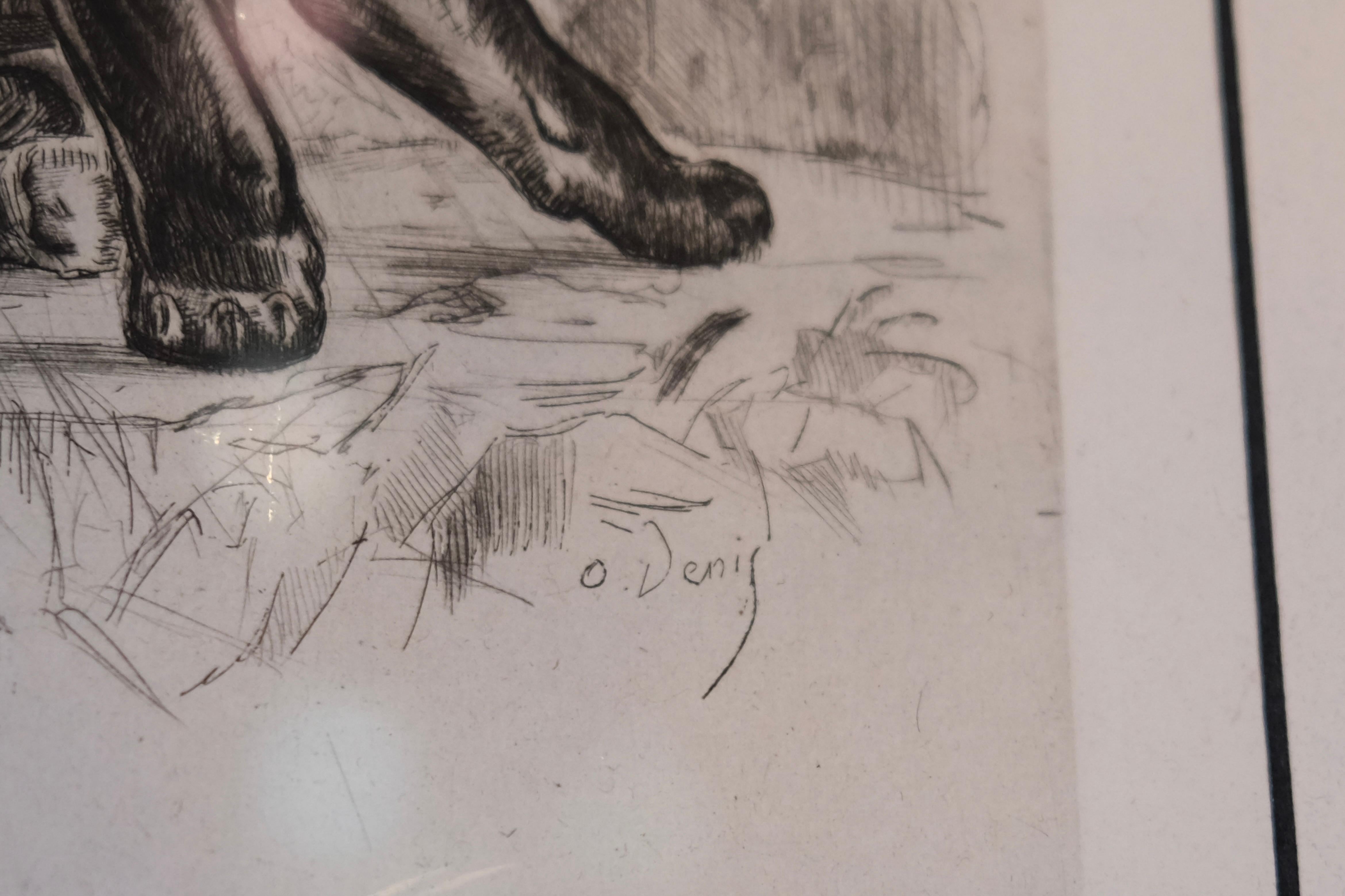 Glass Etching and Drypoint of a Grooming Black Panther by Odette Denis For Sale