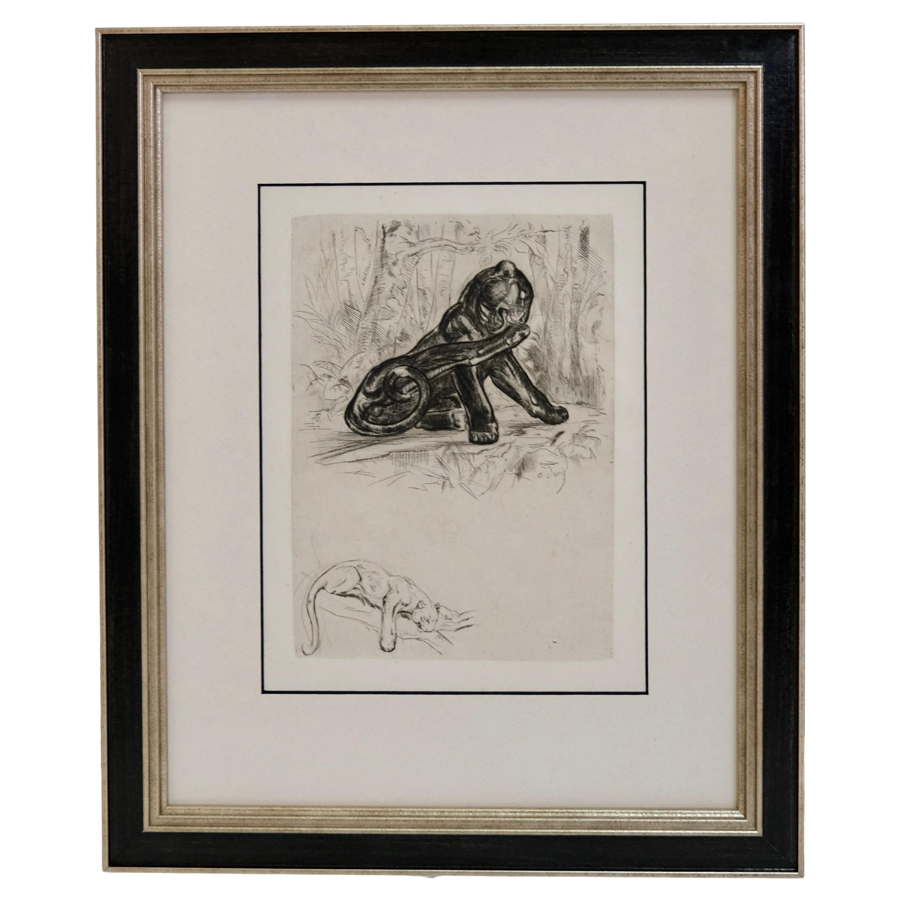 Etching and Drypoint of a Grooming Black Panther by Odette Denis For Sale