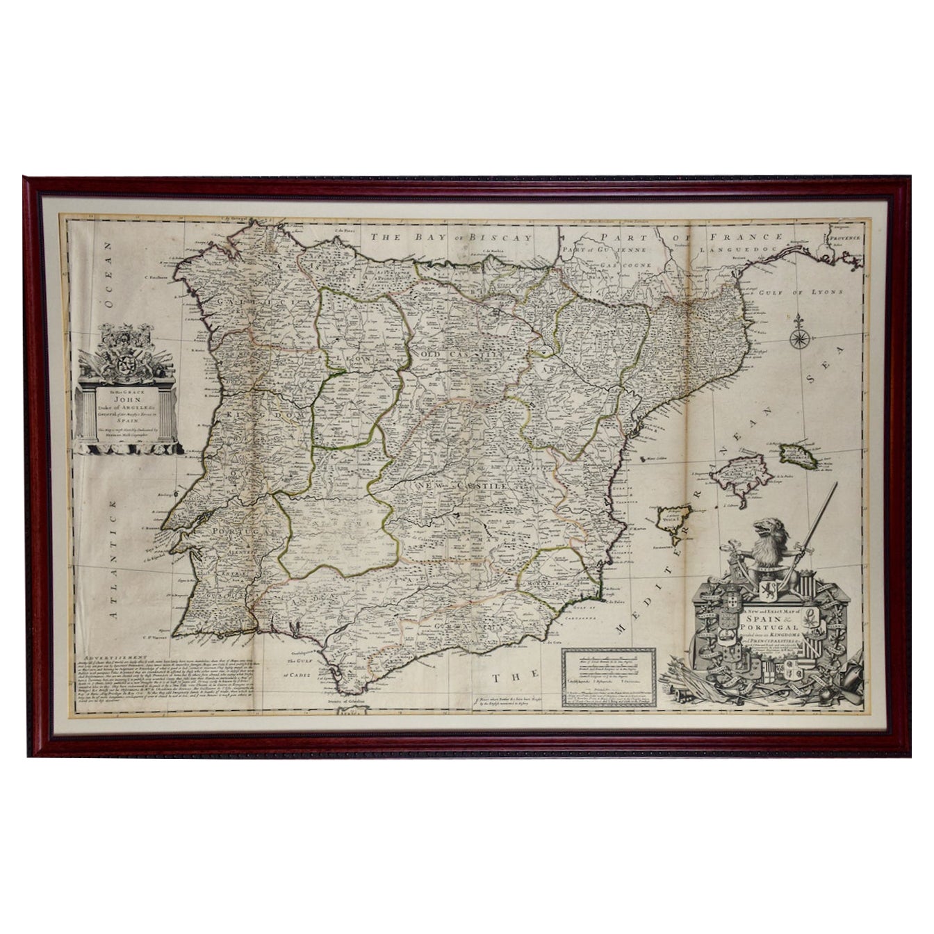 Carte Herman Moll du début du 18e siècle:: encadrée et coloriée à la main:: de l'Espagne et du Portugal