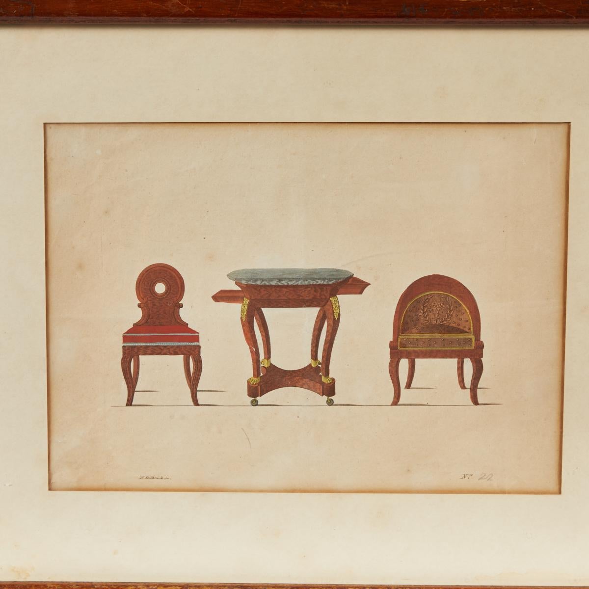 French 19th-century hand-painted illustration of three-piece furniture set on paper. The image is marked No. 22 in its bottom righthand corner, and is part of a larger series of decorative furnishing illustrations by N. Dellbruck Sr. With a