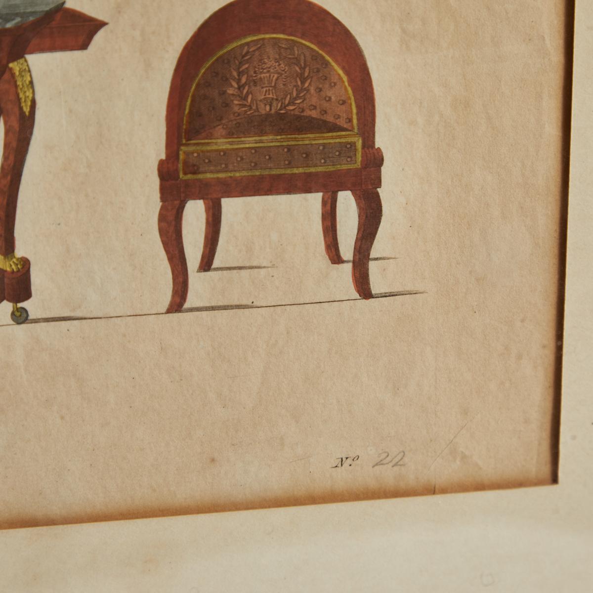 Painted 19th Century Framed Illustration of Three-Piece Furniture Set from France