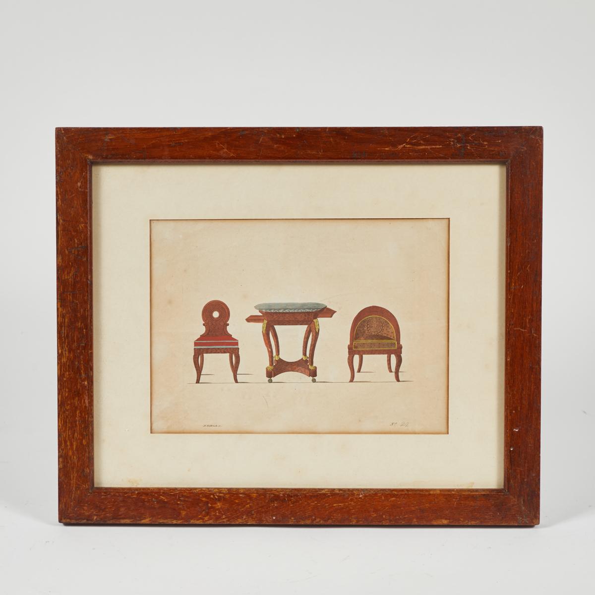 19th Century Framed Illustration of Three-Piece Furniture Set from France In Good Condition In Los Angeles, CA