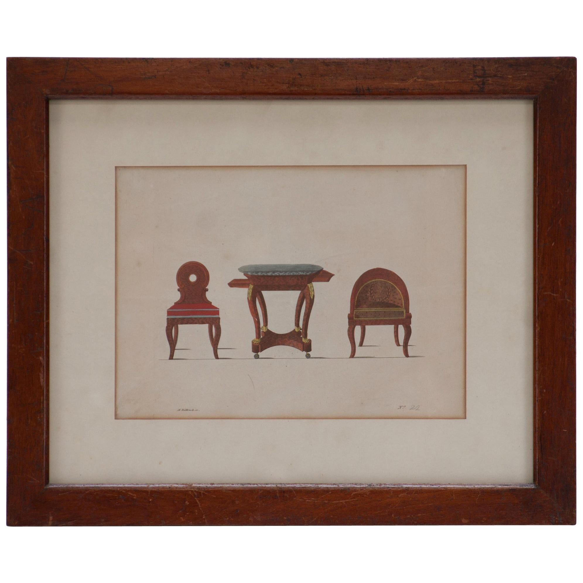 19th Century Framed Illustration of Three-Piece Furniture Set from France