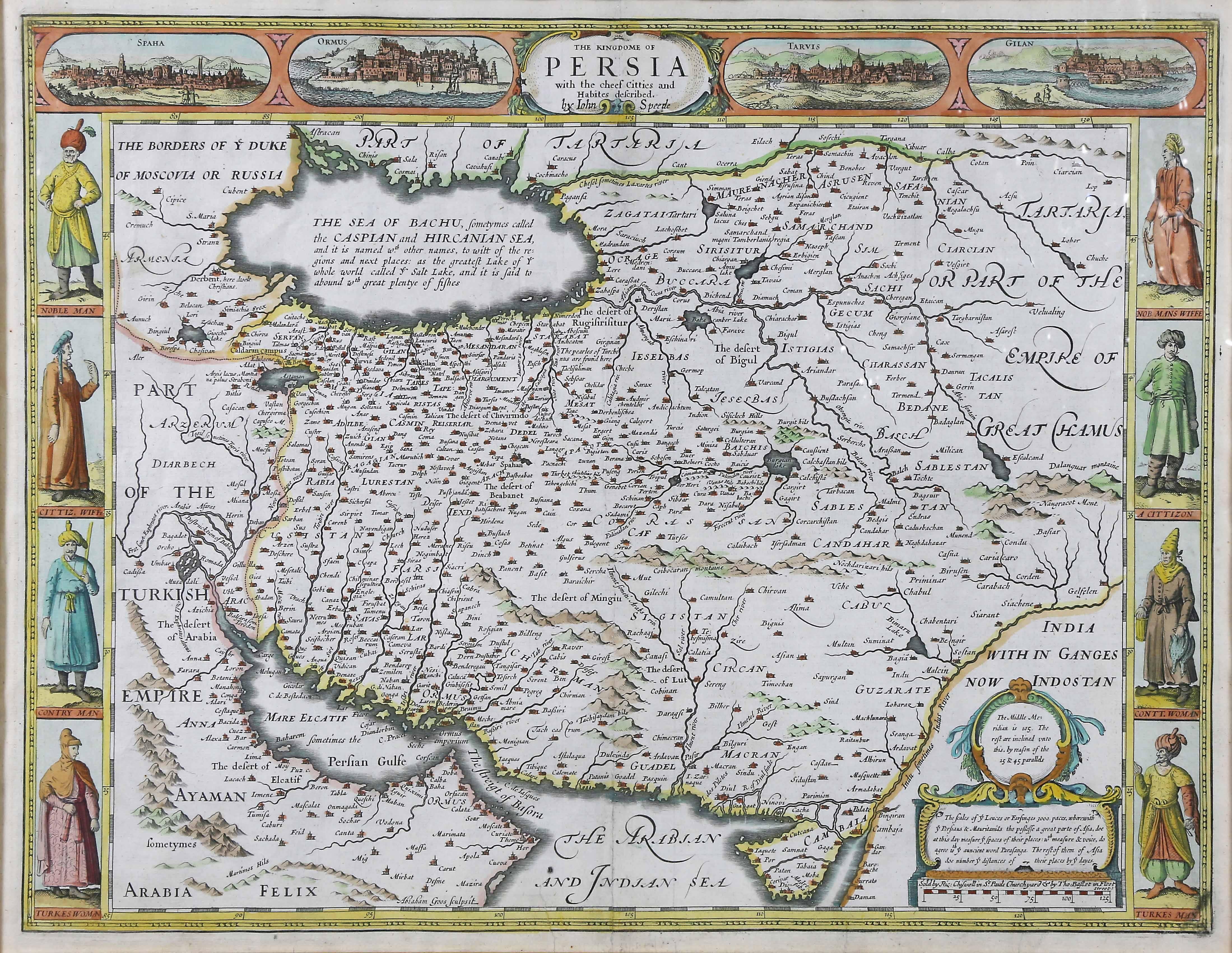 Gerahmte handkolorierte Karte von Persien von John Speed. Schön mattiert.
