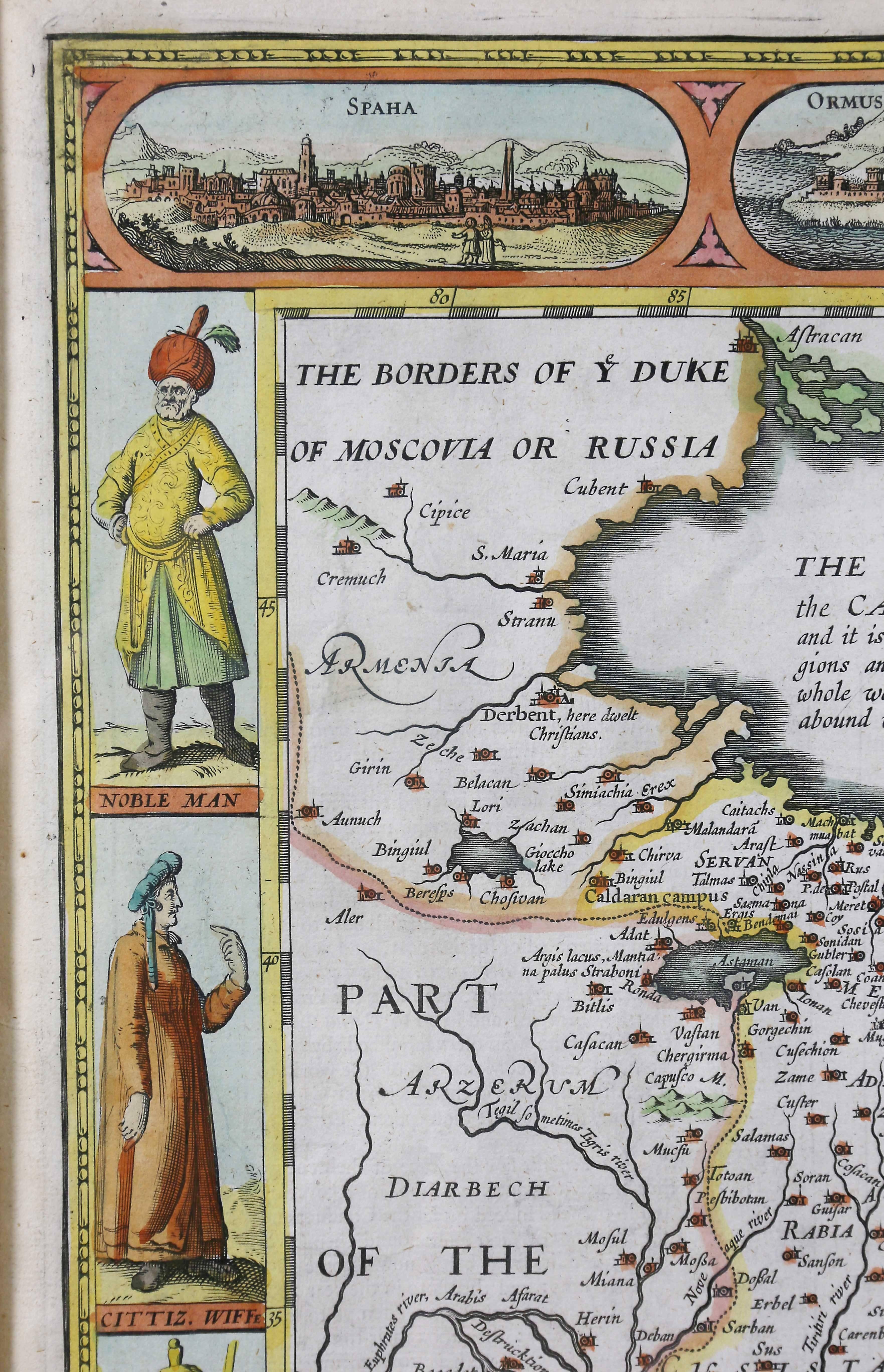 Gerahmte, handkolorierte Karte von Persien von John Speed im Zustand „Gut“ in Essex, MA