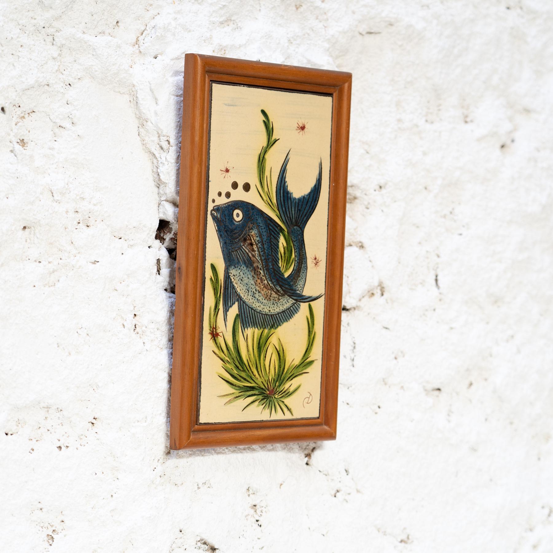 Mid-Century Modern Framed Hand Painted Ceramic Artwork by Artist Diaz Costa, circa 1960 For Sale