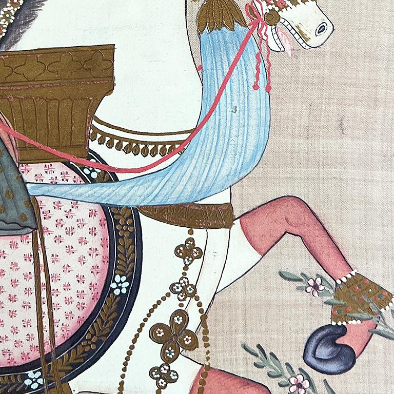 Tissu Peinture indienne à la gouache d'un cheval sur soie en rose, encadrée en vente