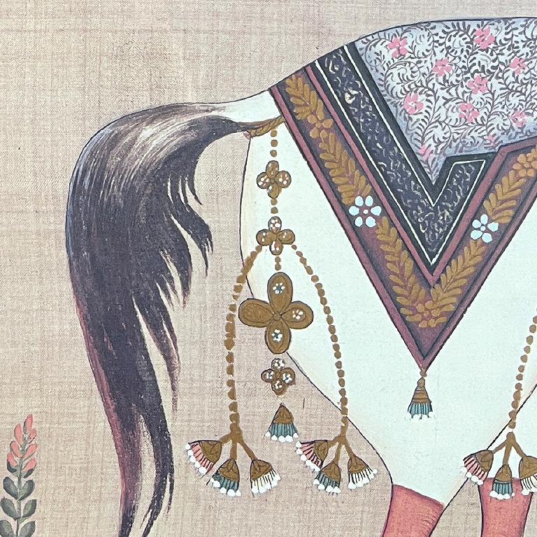 Peinture indienne à la gouache d'un cheval sur soie en rose, encadrée en vente 2