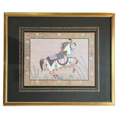 Vintage Framed Hand Painted Indian Gouache Painting of Horse on Silk in Pink - India