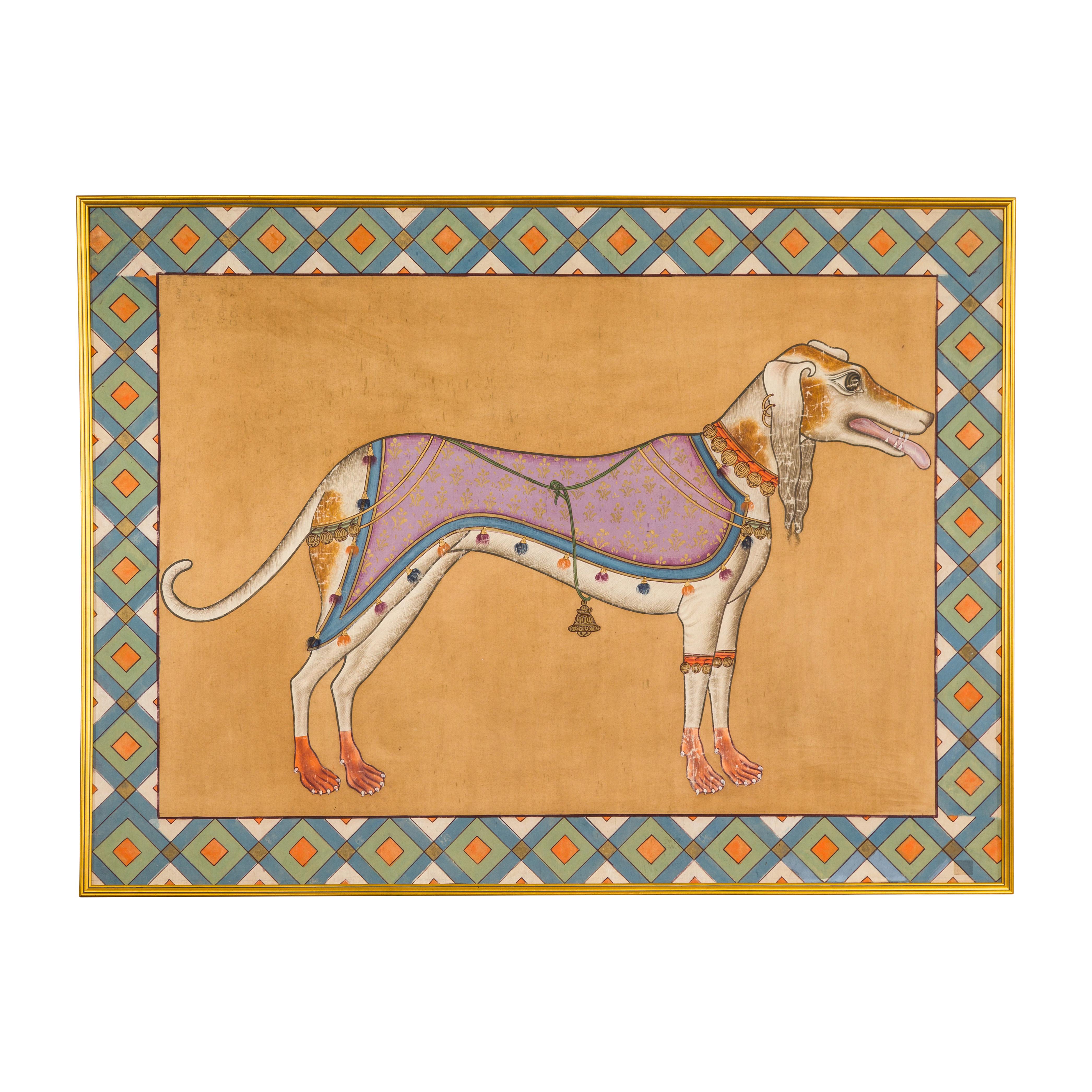 Framed Hand-Painted Indian Royal Greyhound Dog Mounted on Fabric For Sale 10