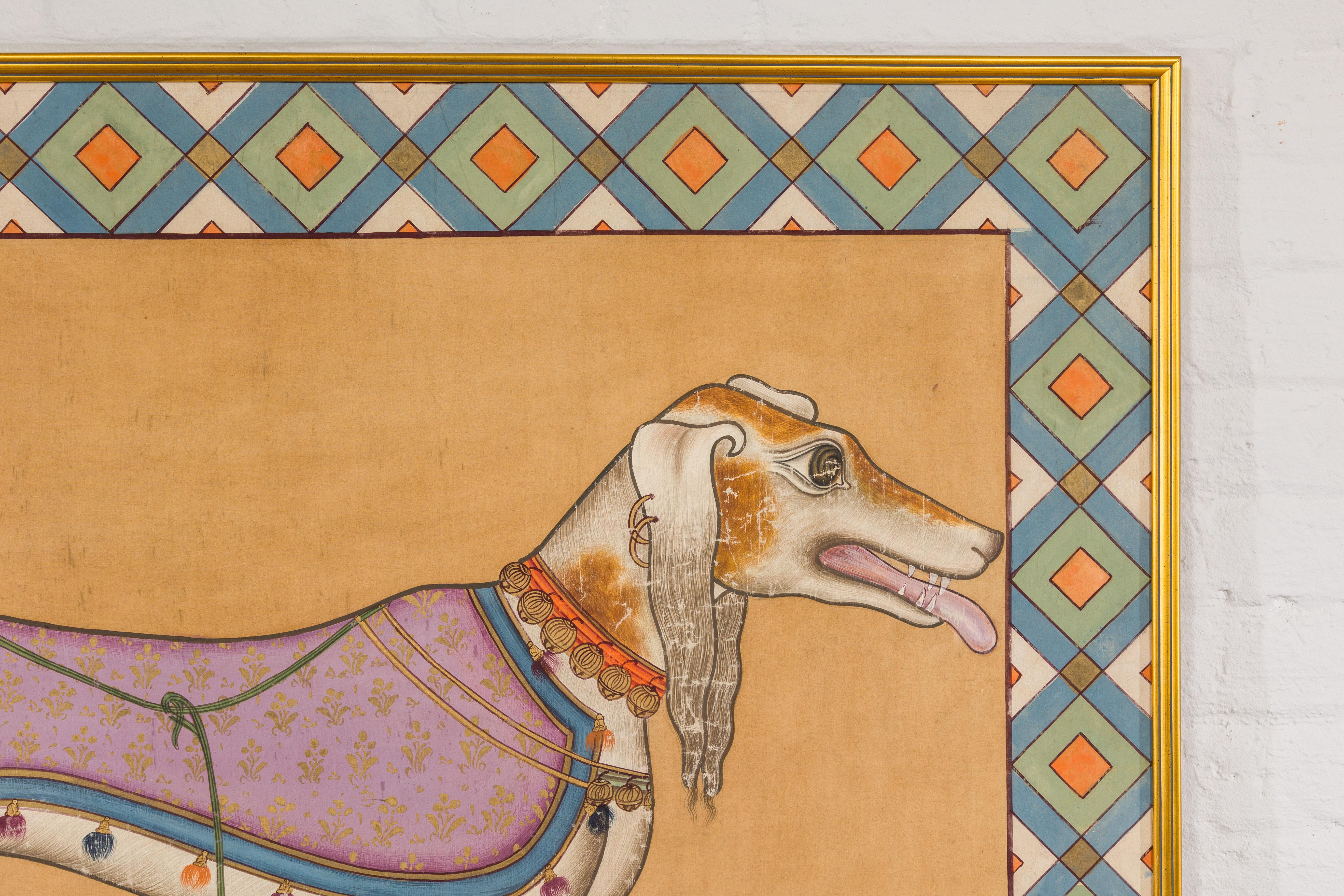 20th Century Framed Hand-Painted Indian Royal Greyhound Dog Mounted on Fabric For Sale