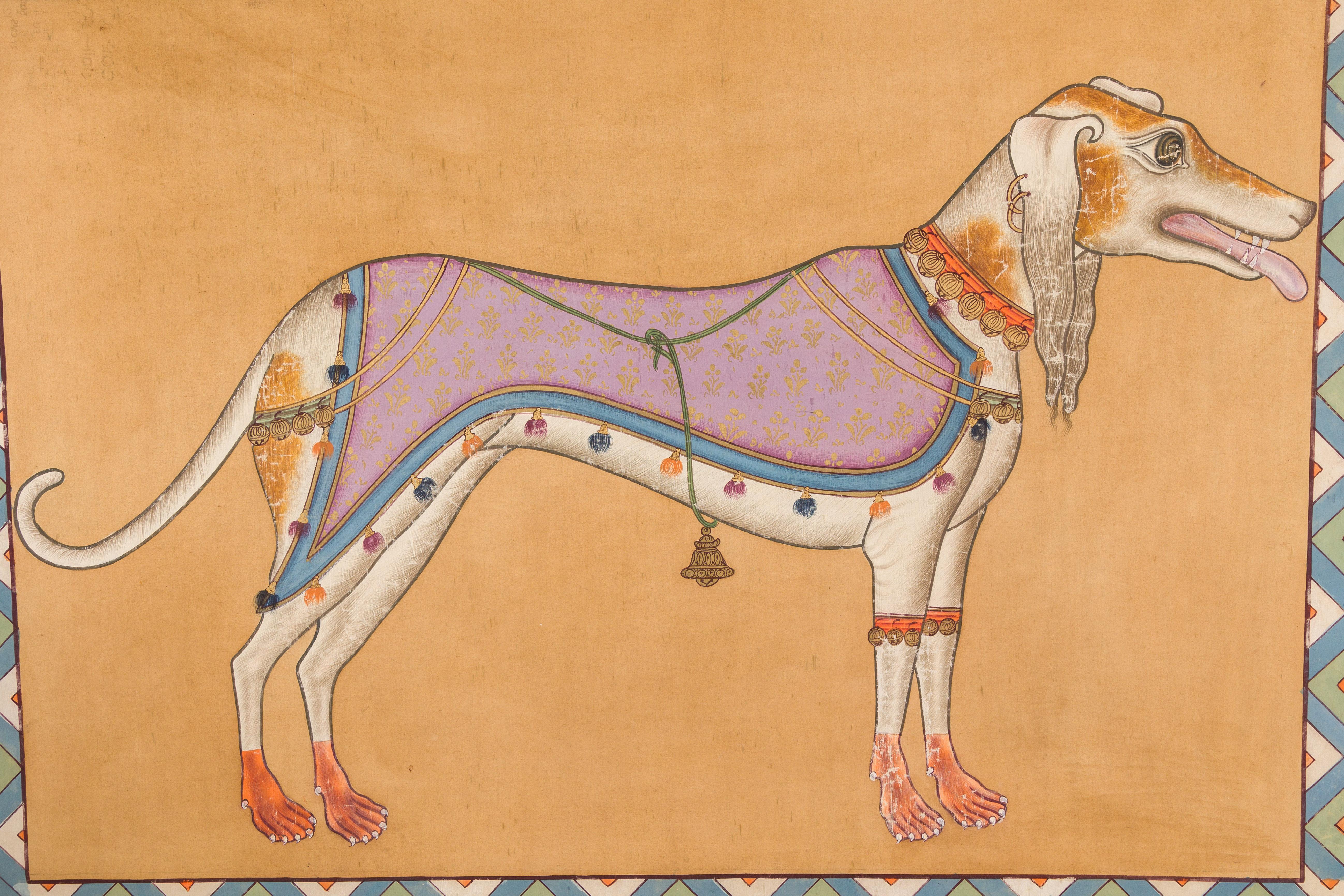 20ième siècle Encadré, peint à la main, chien de lévrier royal indien, monté sur tissu en vente