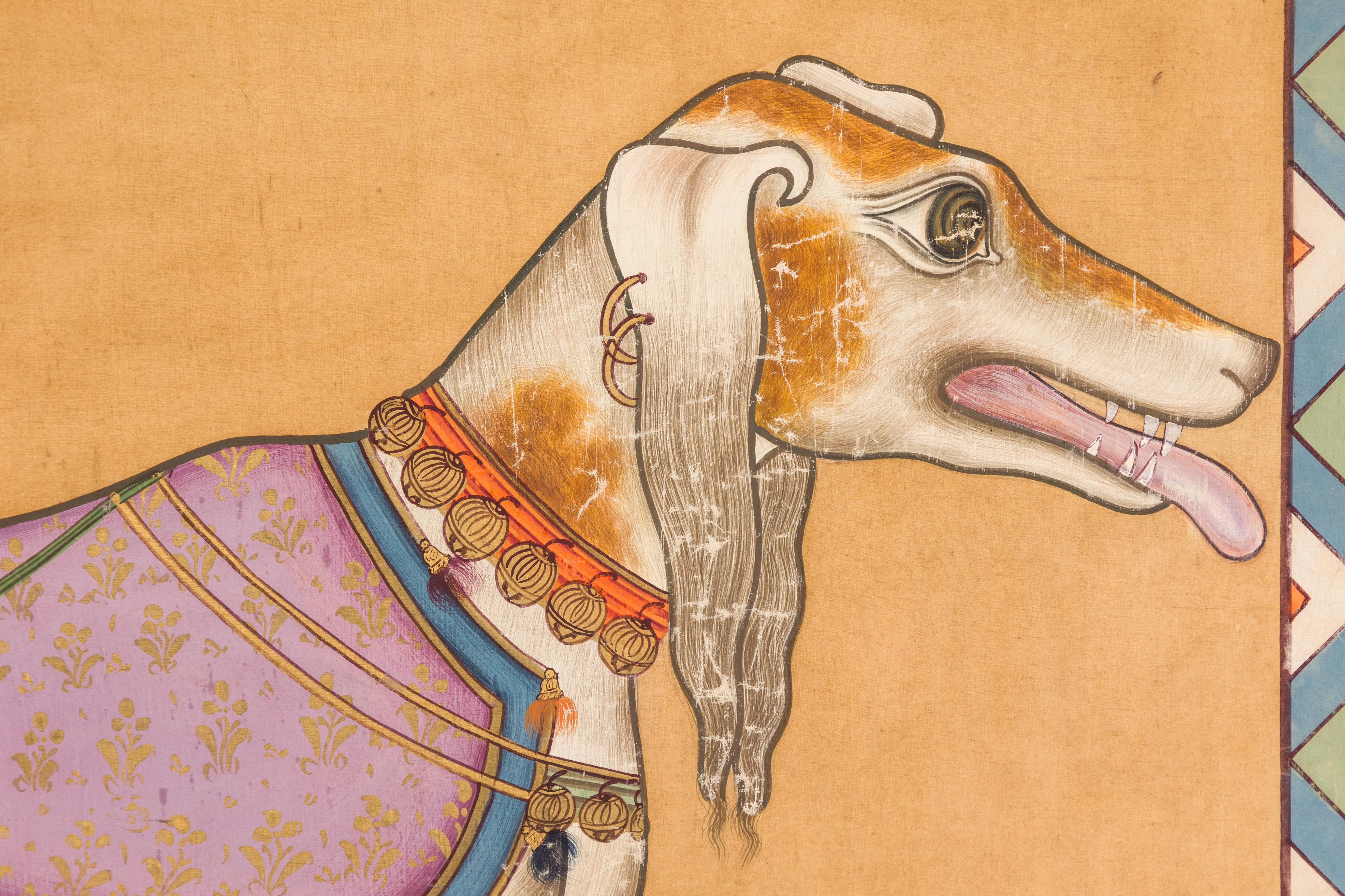 Framed Hand-Painted Indian Royal Greyhound Dog Mounted on Fabric For Sale 5