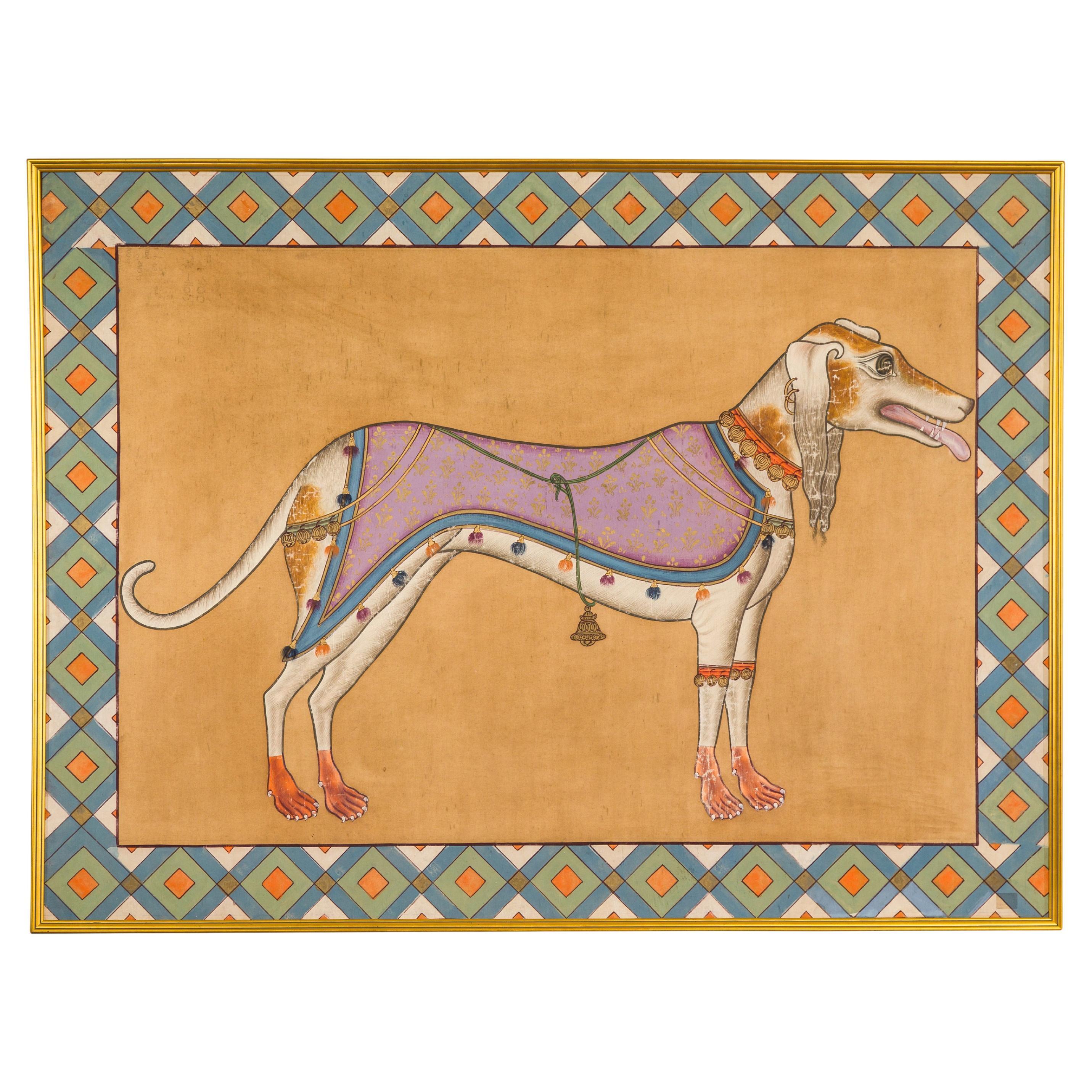 Framed Hand-Painted Indian Royal Greyhound Dog Mounted on Fabric For Sale