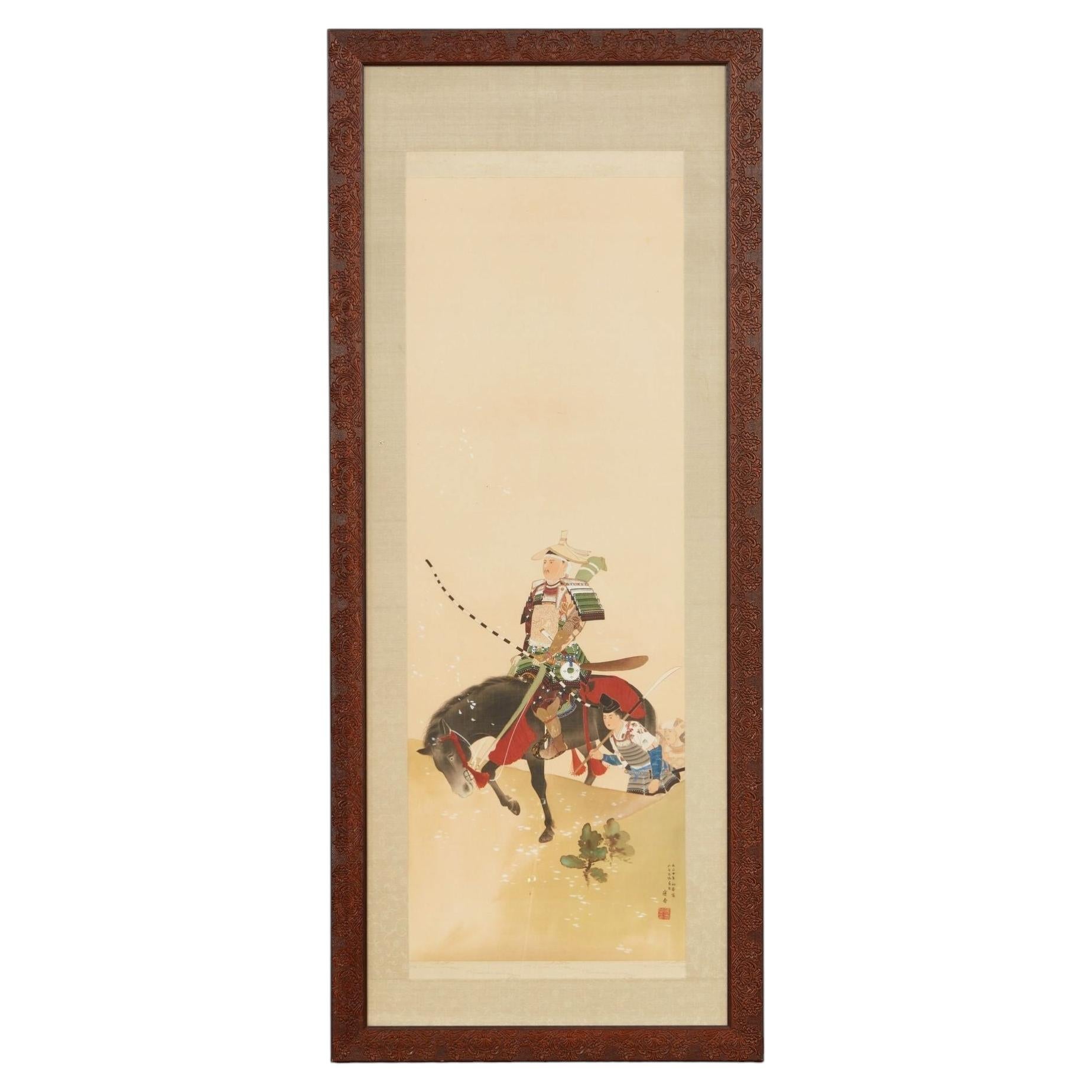 Framed Hand Painted Japanese Scroll of Returning Cavalryman