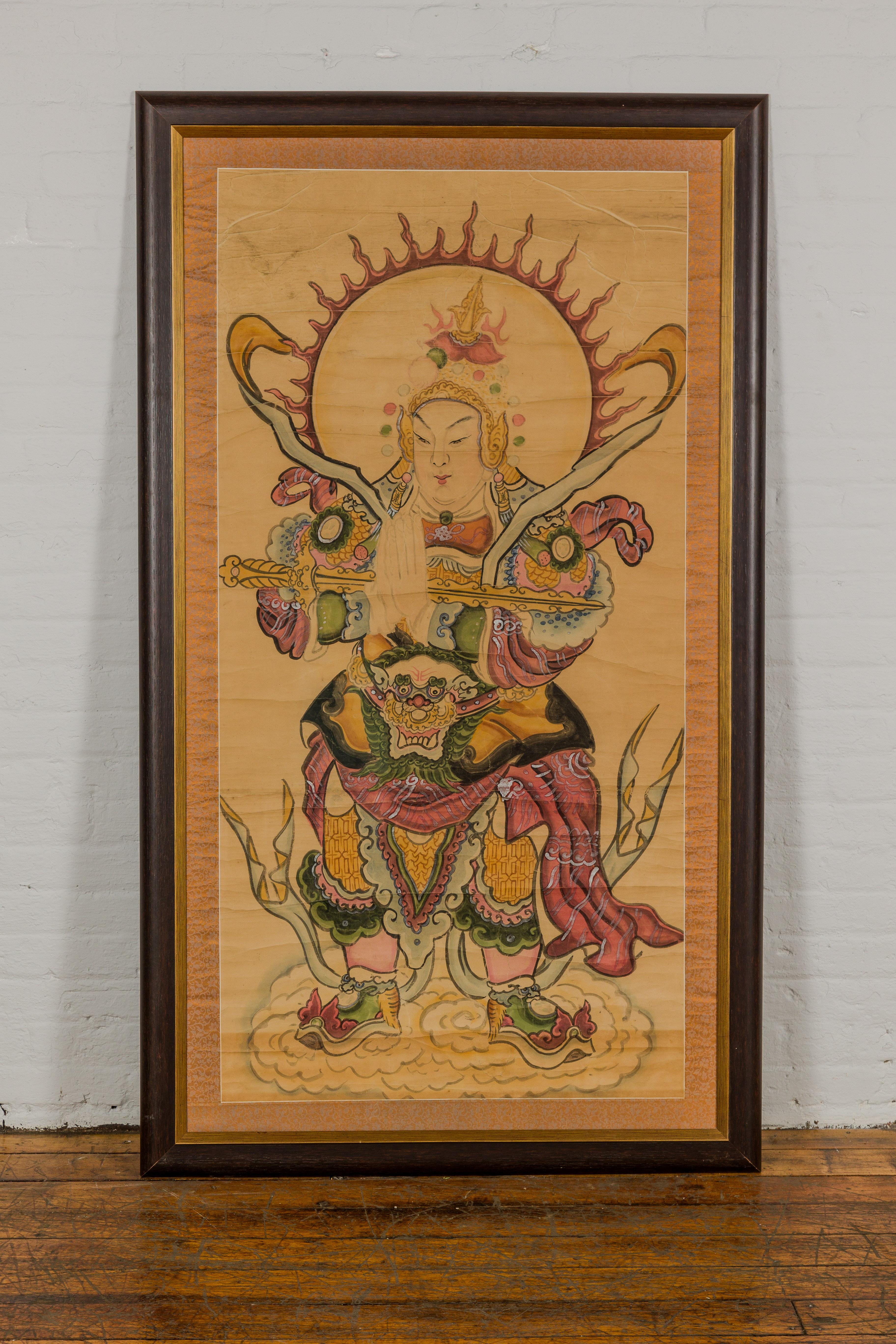 Framed Hand-Painted Parchment Painting of a Celestial Warrior with Silk Matting For Sale 10