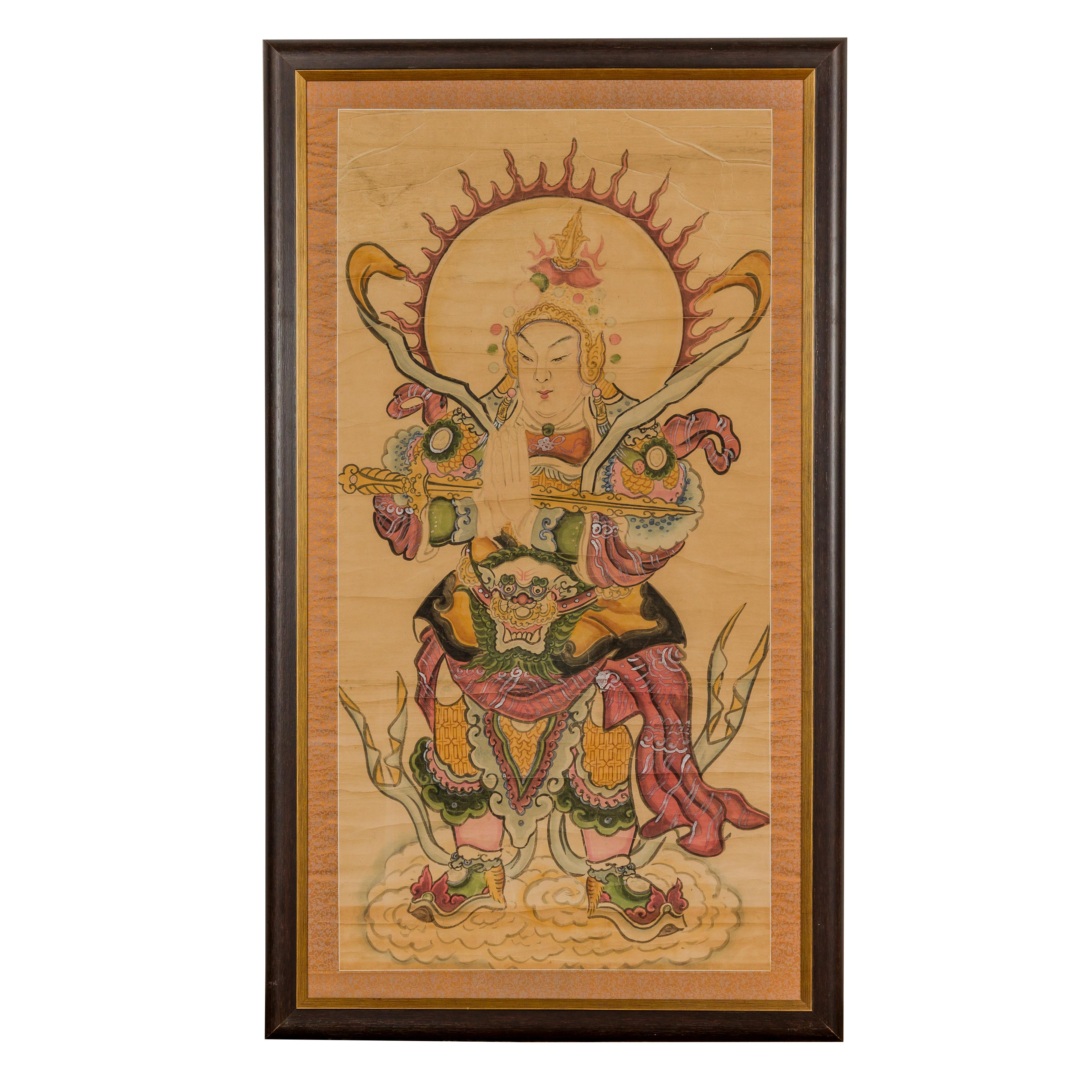 Framed Hand-Painted Parchment Painting of a Celestial Warrior with Silk Matting For Sale 13