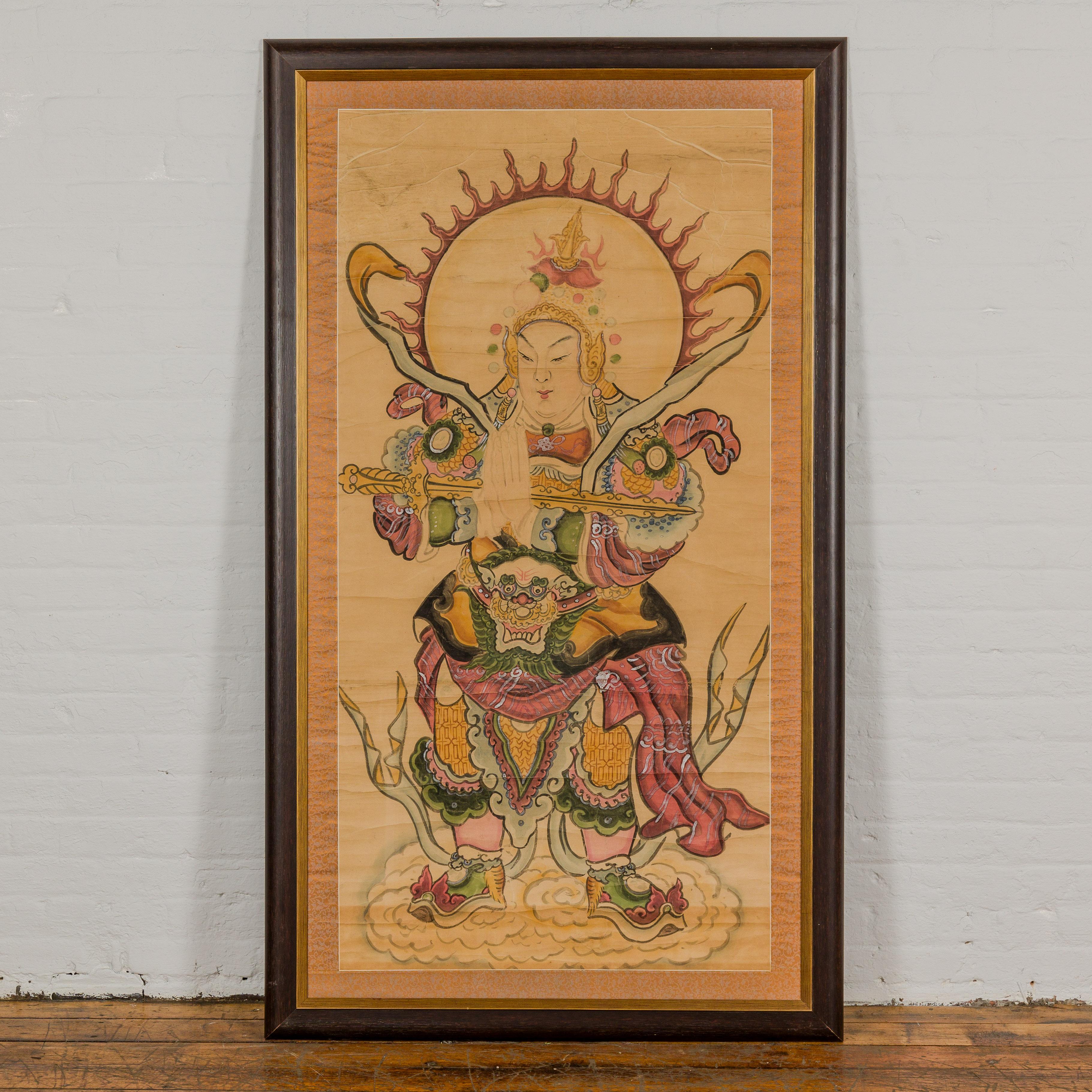 Qing Framed Hand-Painted Parchment Painting of a Celestial Warrior with Silk Matting For Sale