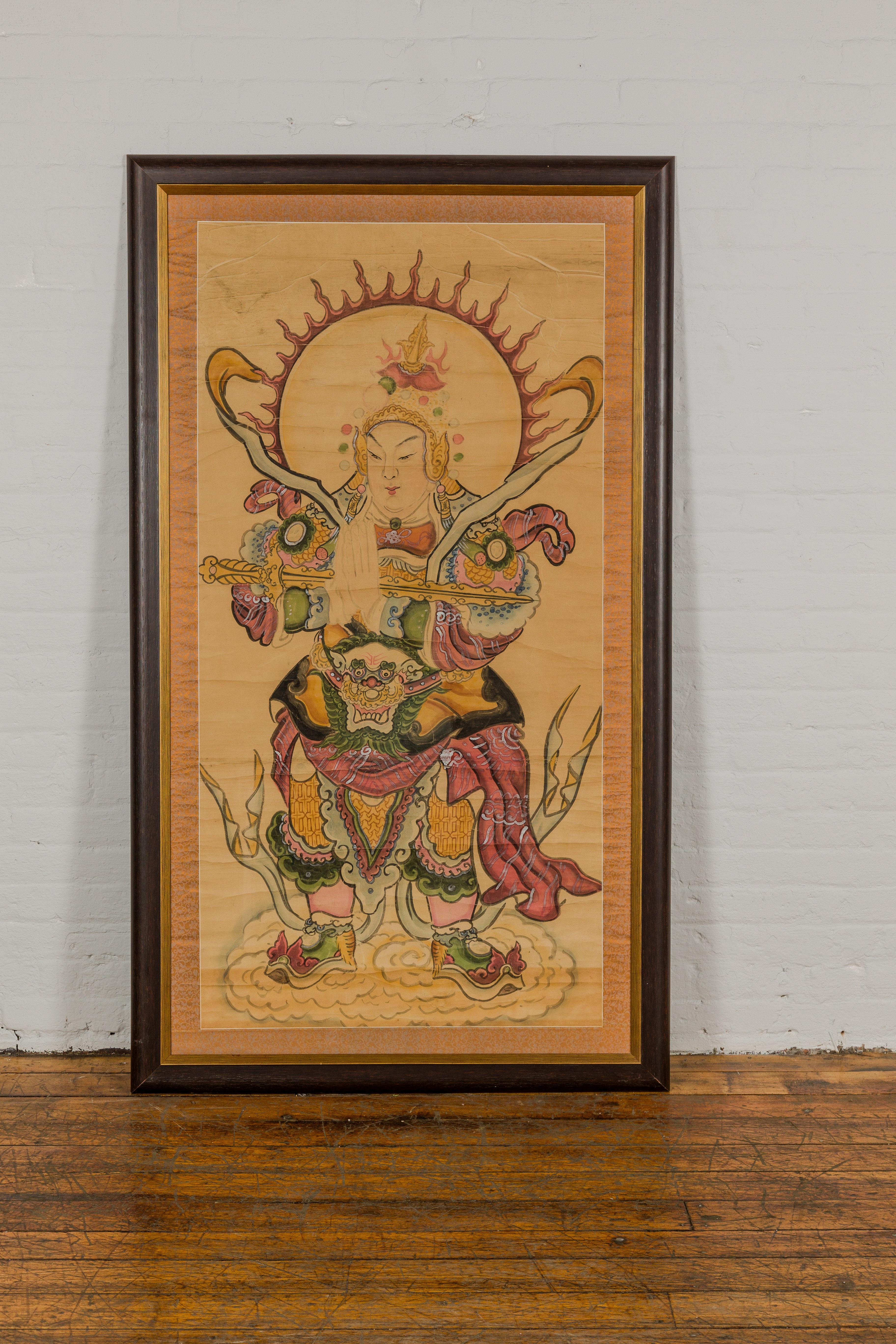 Chinese Framed Hand-Painted Parchment Painting of a Celestial Warrior with Silk Matting For Sale