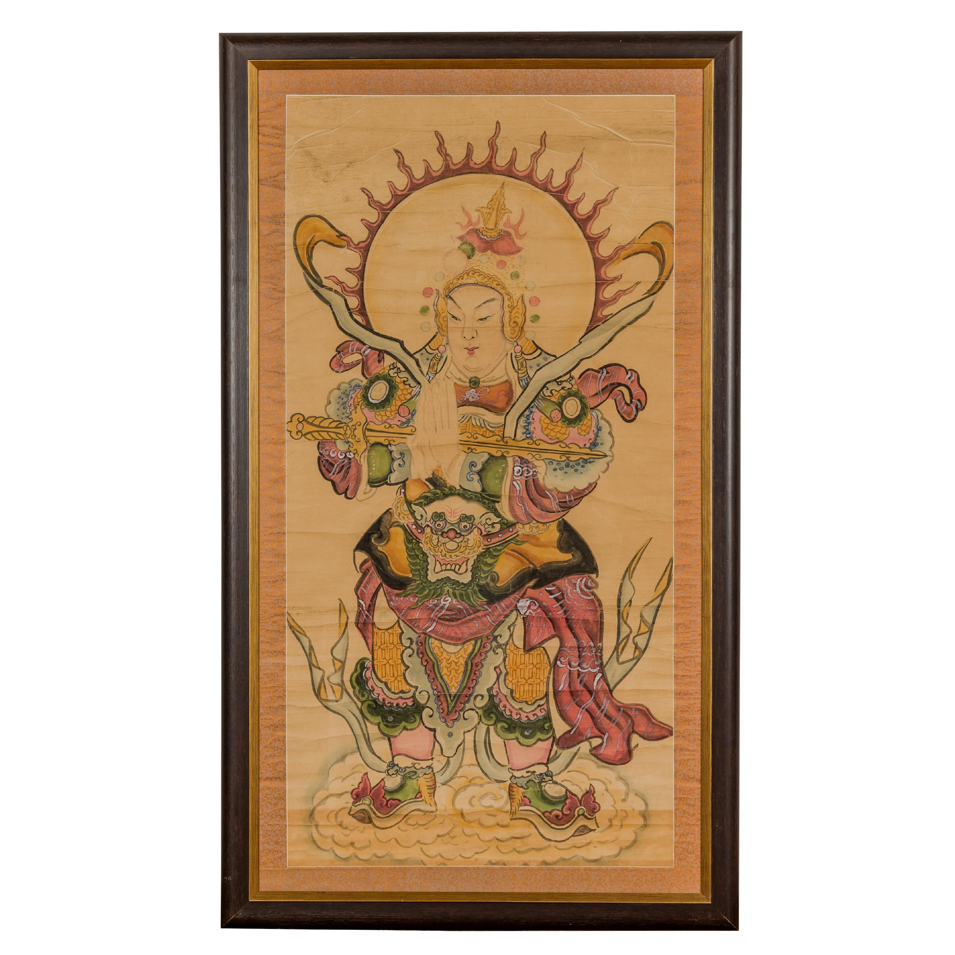 Framed Hand-Painted Parchment Painting of a Celestial Warrior with Silk Matting