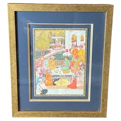 Framed Hand Painted Persian Miniature Painting Mosque Courtyard Garden Scene
