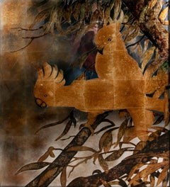 Framed Hand-Painted Picture on Mirror with Parrots in A Tree Theme