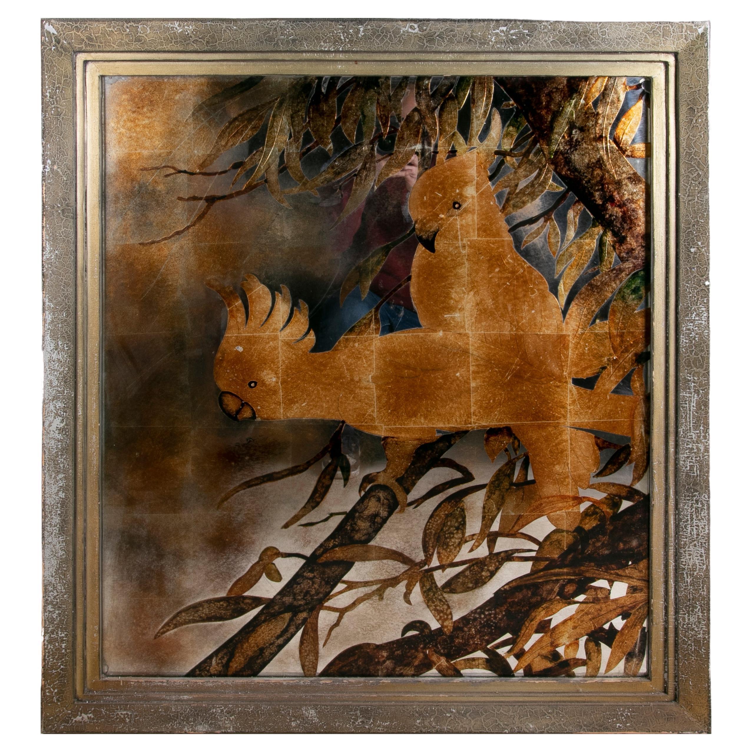 Gerahmtes, handbemaltes Bild auf Spiegel mit Papageien im Thema eines Baumes