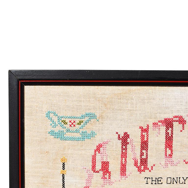 Tableau Brodé Main Vintage En Jute - Motif Bateau Et Phare, Sans Cadre, Occasion