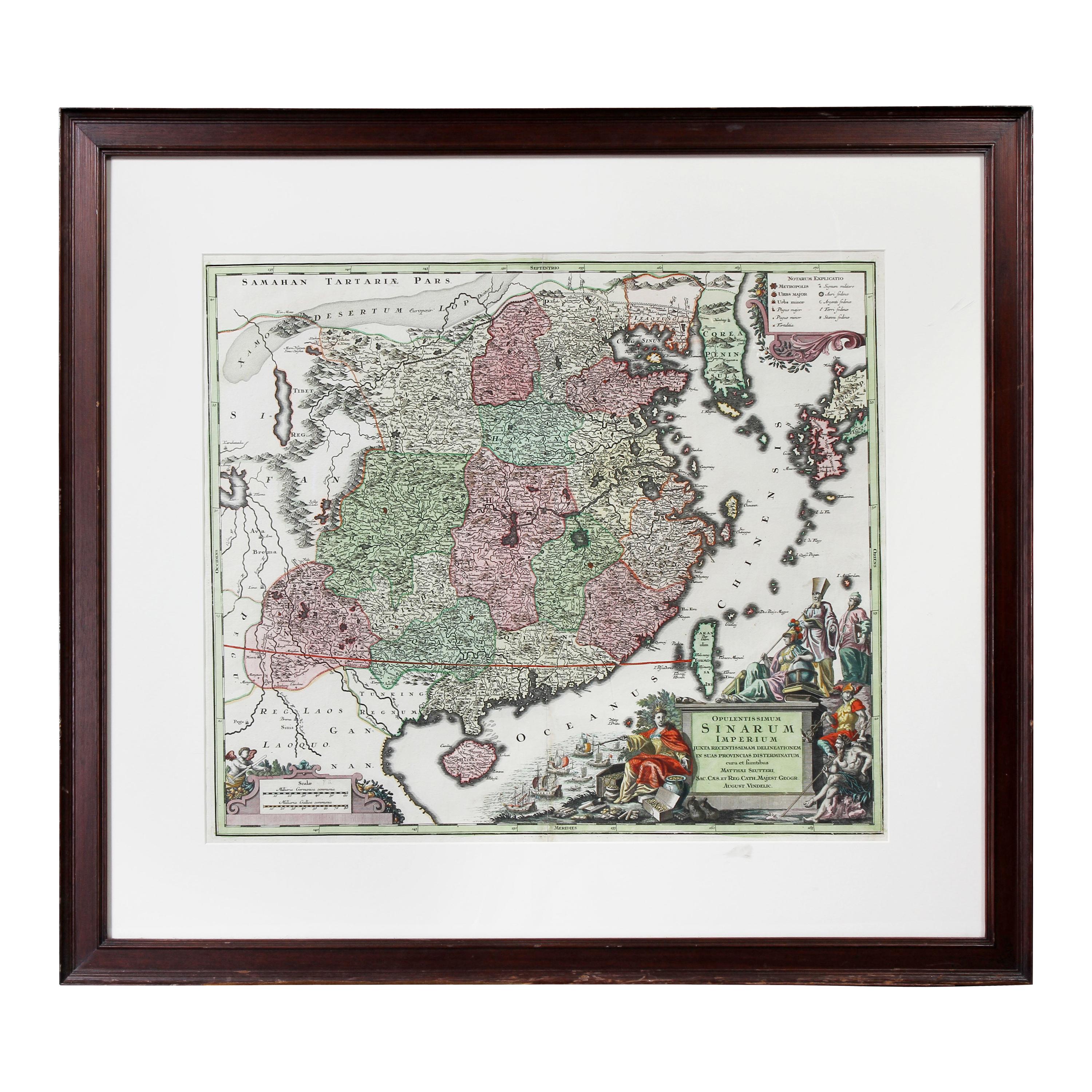 Framed Handcolored Map of Asia by Matthaus Seutter