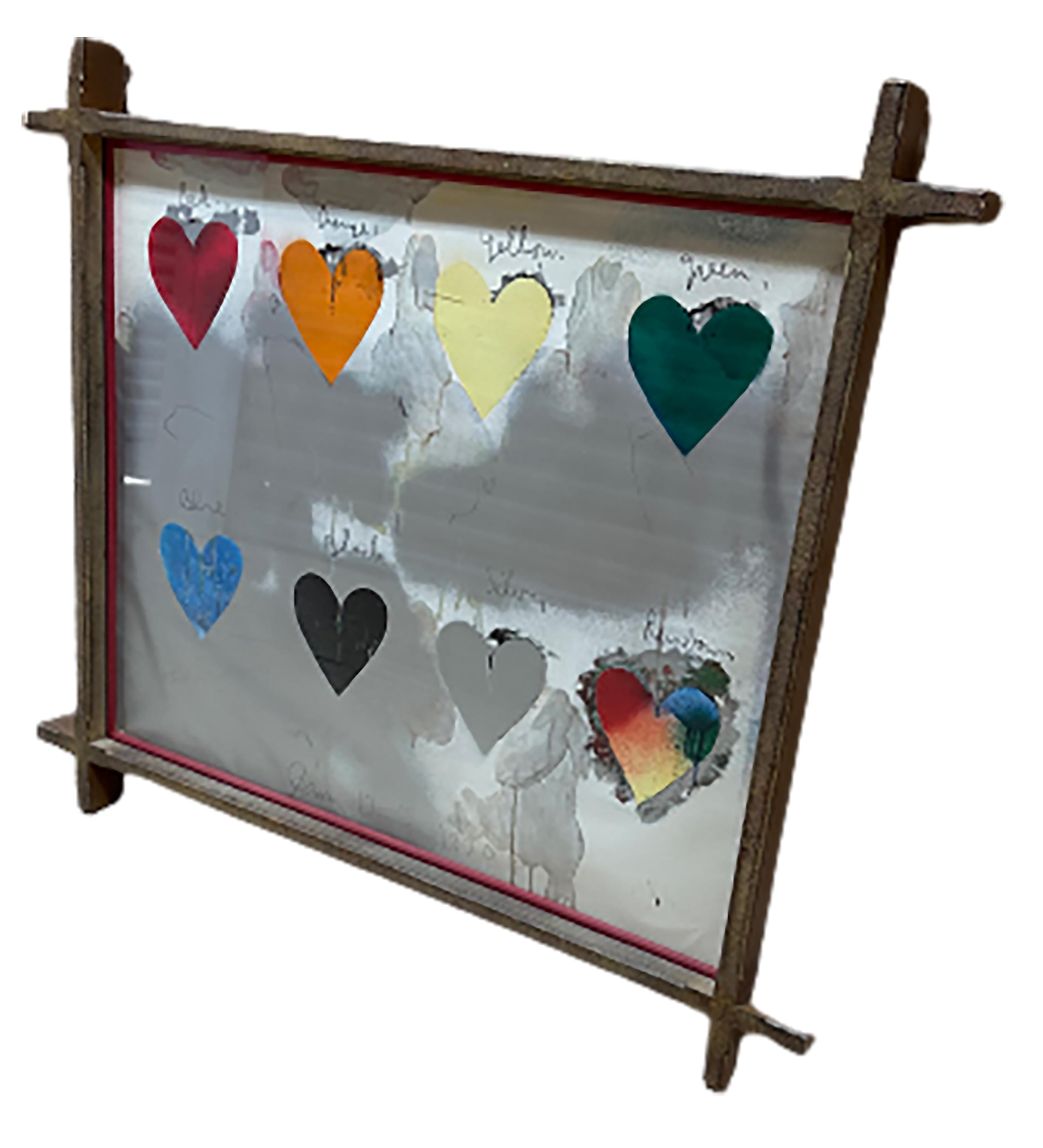 A mesmerizing abstract by artist Jim Dine from 1970 that incorporates elements of pop art and abstract expressionism. Offset lithograph on metallic paper.  “Hearts'' shows off a pattern of eight hearts in a row in different colors. It brings to mind