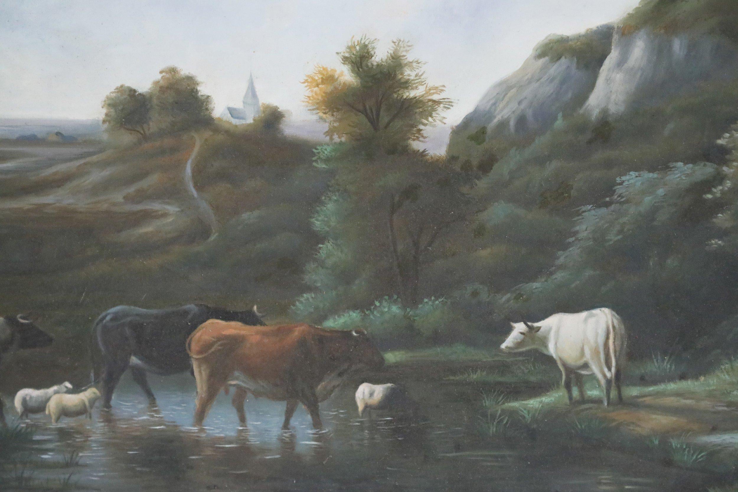 Mid-Century Modern Peinture à l'huile de paysage Herder and Cattle encadrée en vente