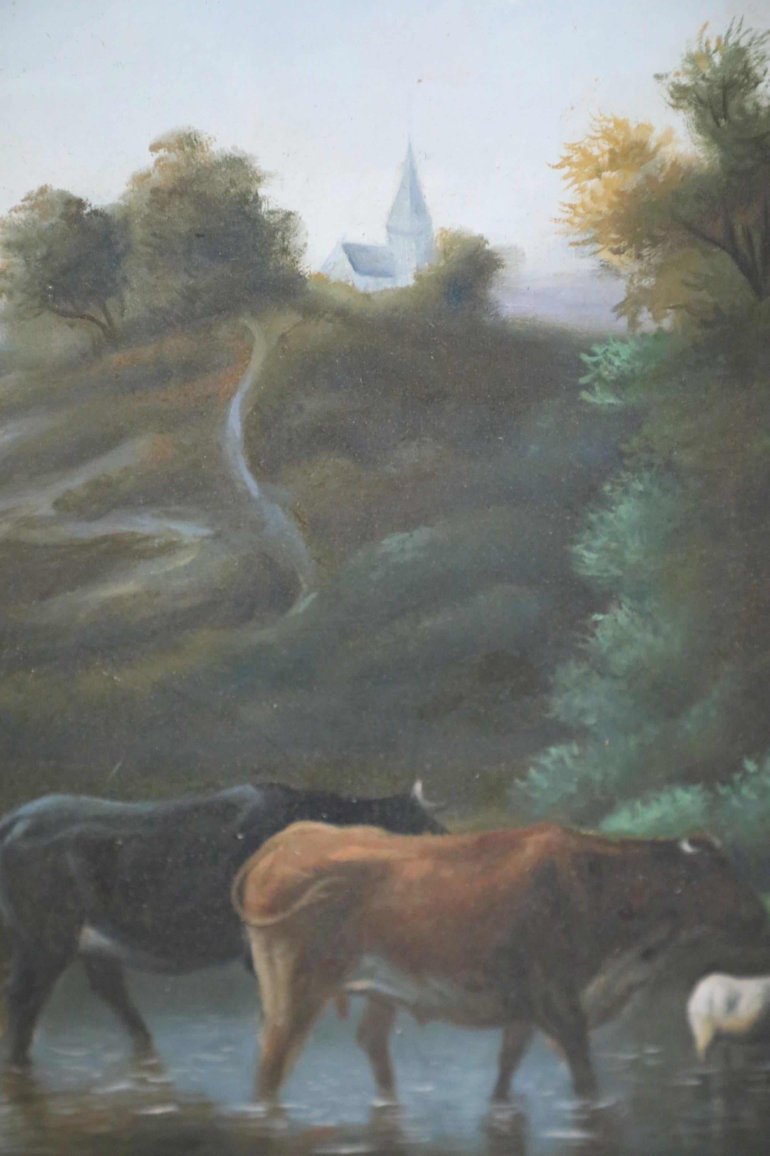 Peinture à l'huile de paysage Herder and Cattle encadrée Bon état - En vente à New York, NY