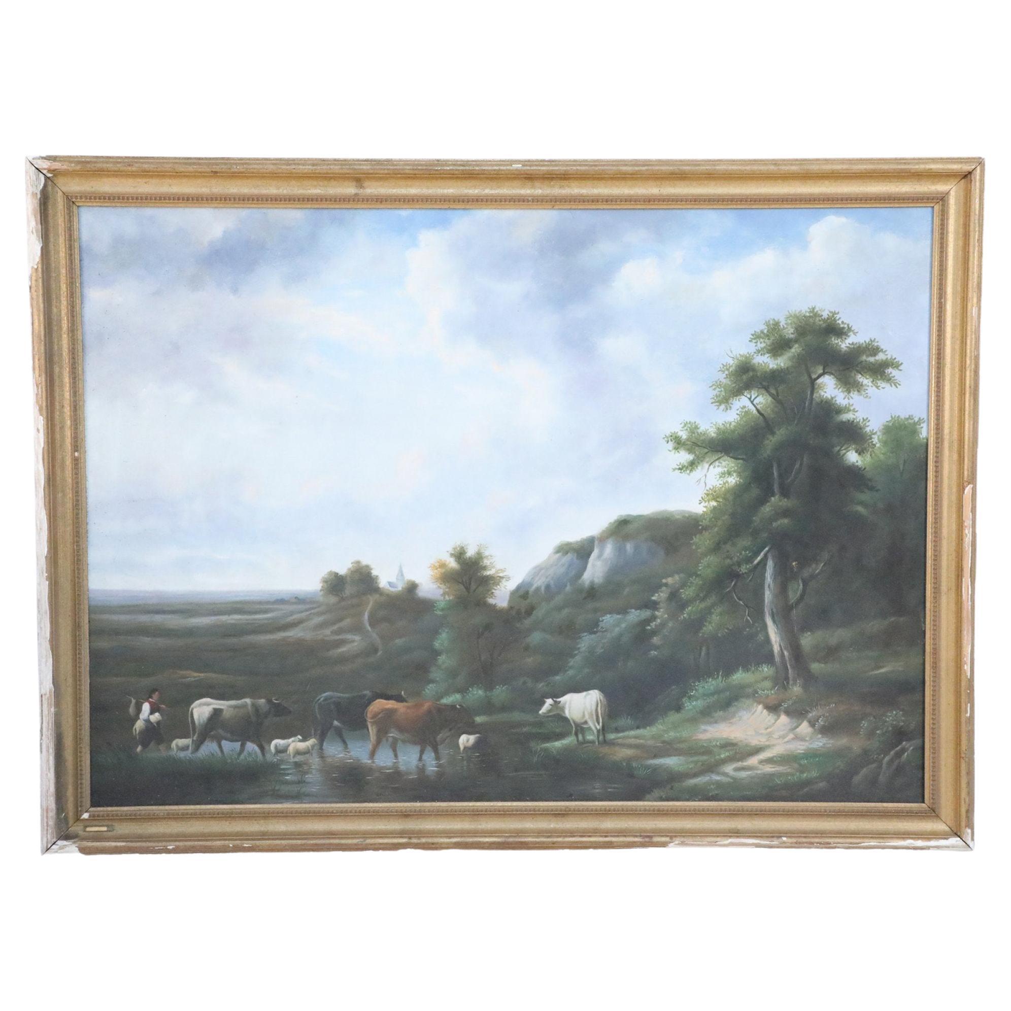 Framed Herder and Cattle Landscape Oil Painting For Sale