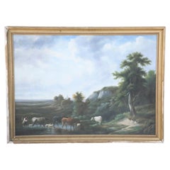 Vintage Framed Herder and Cattle Landscape Oil Painting