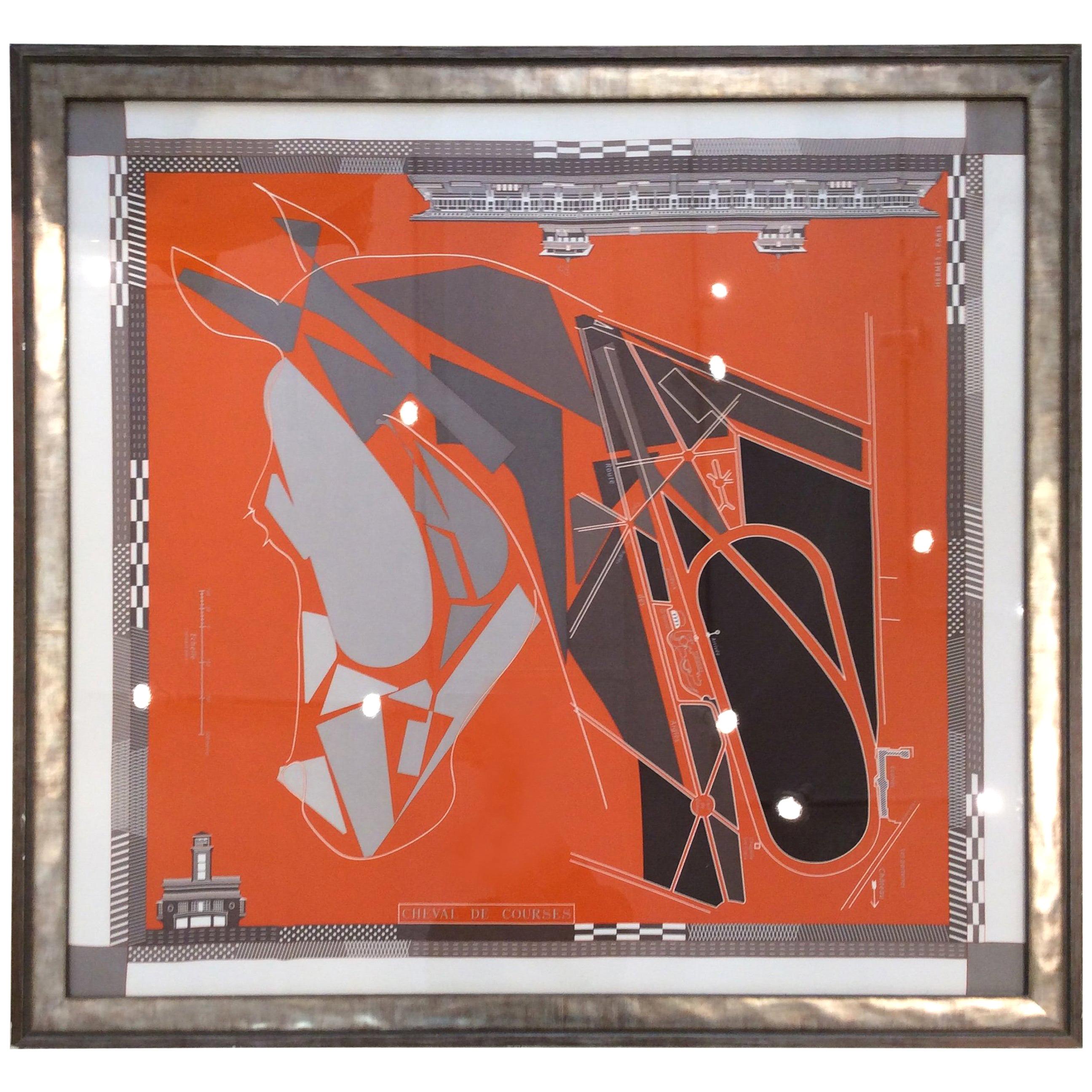 Foulard en soie Hermes 
Cheval de Courses
 orange encadré