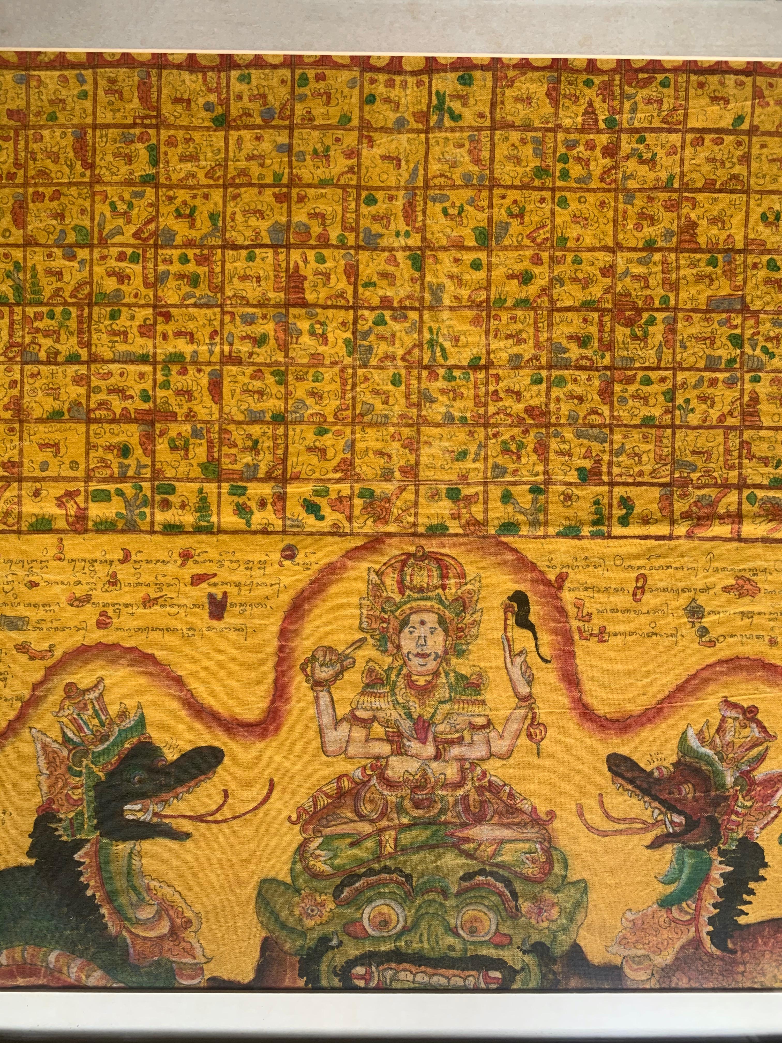 Ce calendrier hindou encadré est une peinture textile en coton 
