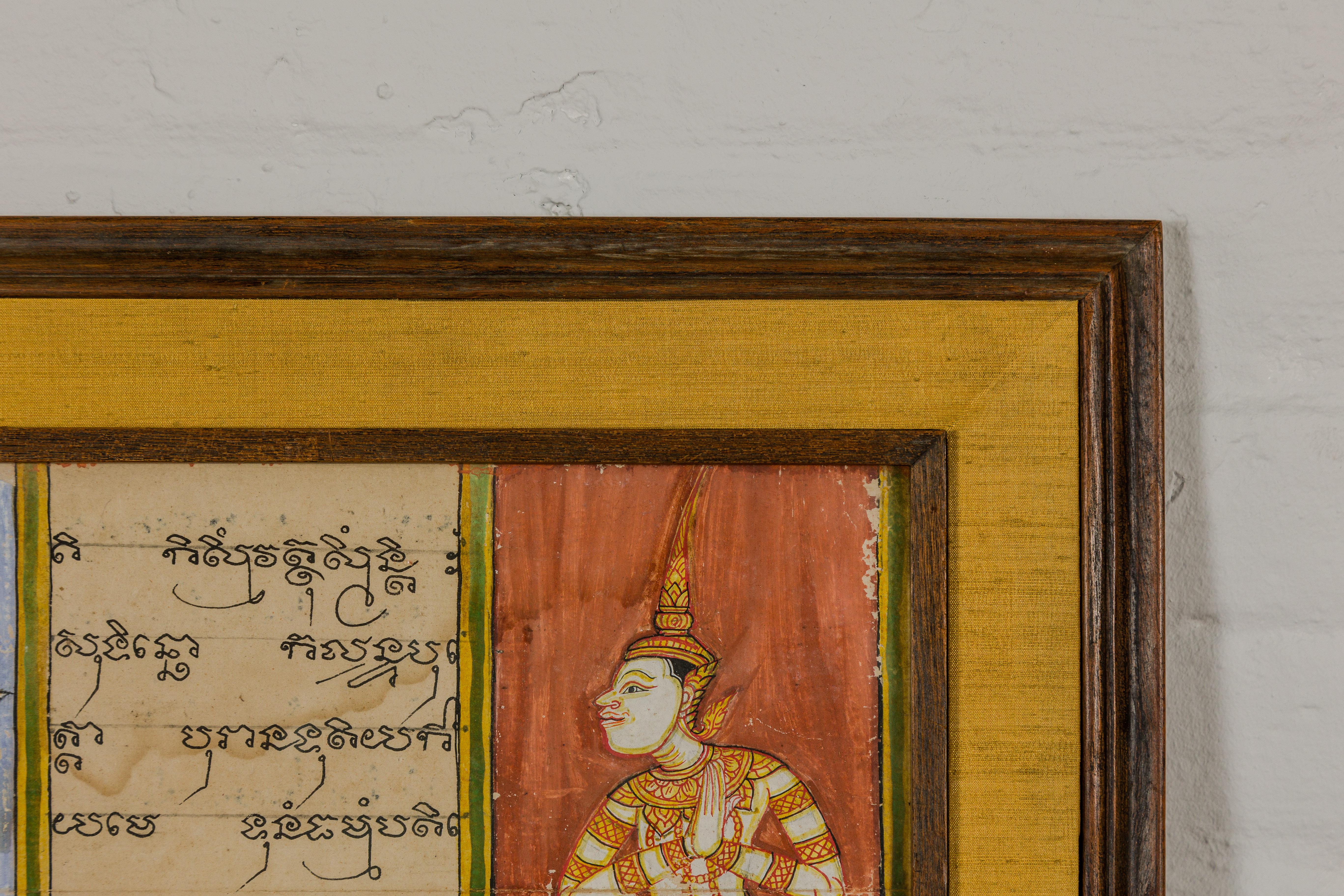Framed Illuminated Manuscript from Thai Buddhist Prayer Book Under Glass In Good Condition For Sale In Yonkers, NY