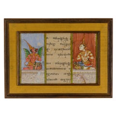 Vintage Framed Illuminated Manuscript from Thai Buddhist Prayer Book Under Glass