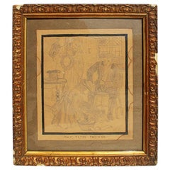 Framed Illustration in Giltwood Frame "Her First Drawing" Signed 1911