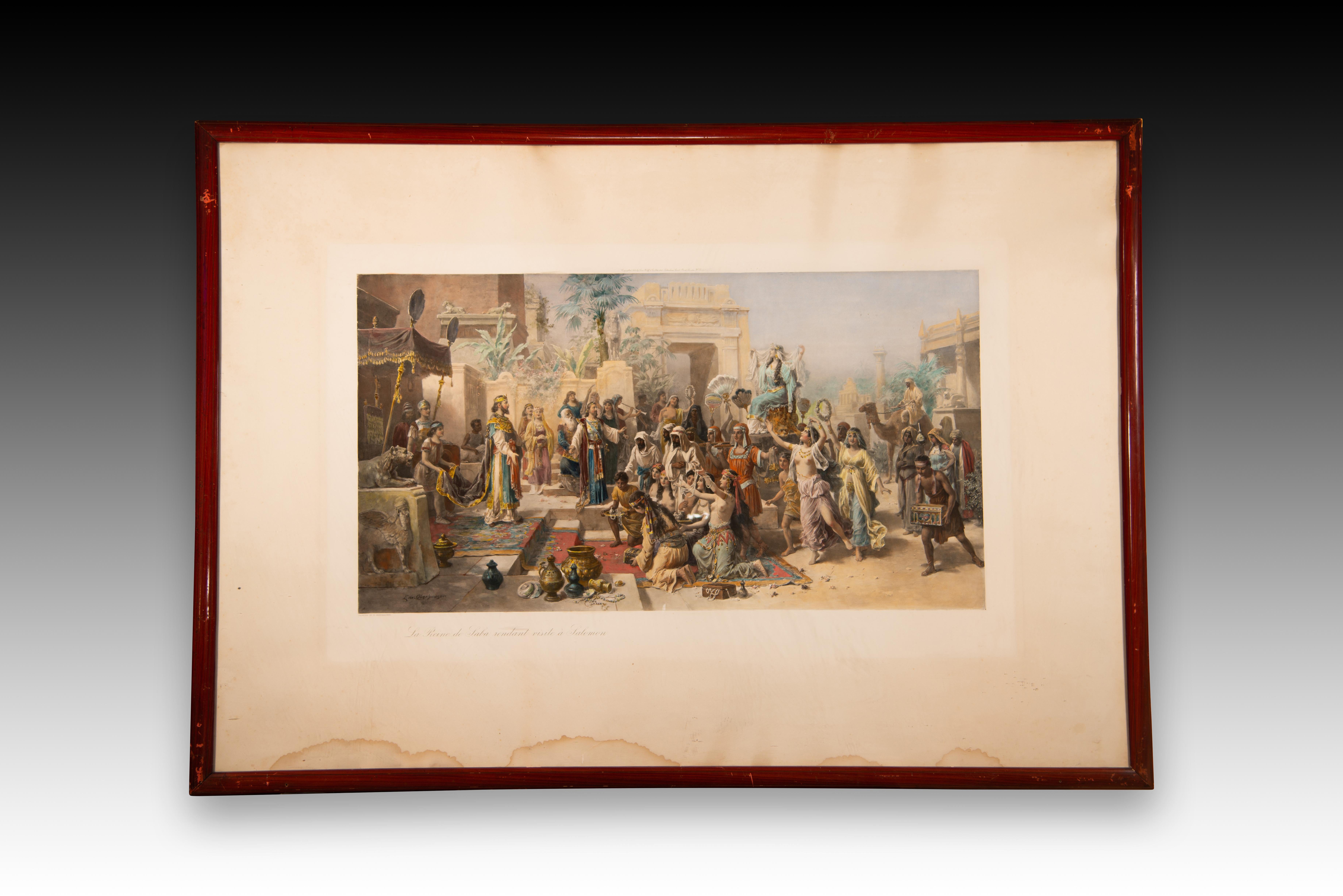 “The Court of Cleopatra” and “The Queen of Sheba before Solomon”. Framed illustrations. Based on the model of OBERHAUSER, Emanuel. Early 20th century. 
The work entitled “The Court of Cleopatra” is a photogravure inspired by a work by Emanuel